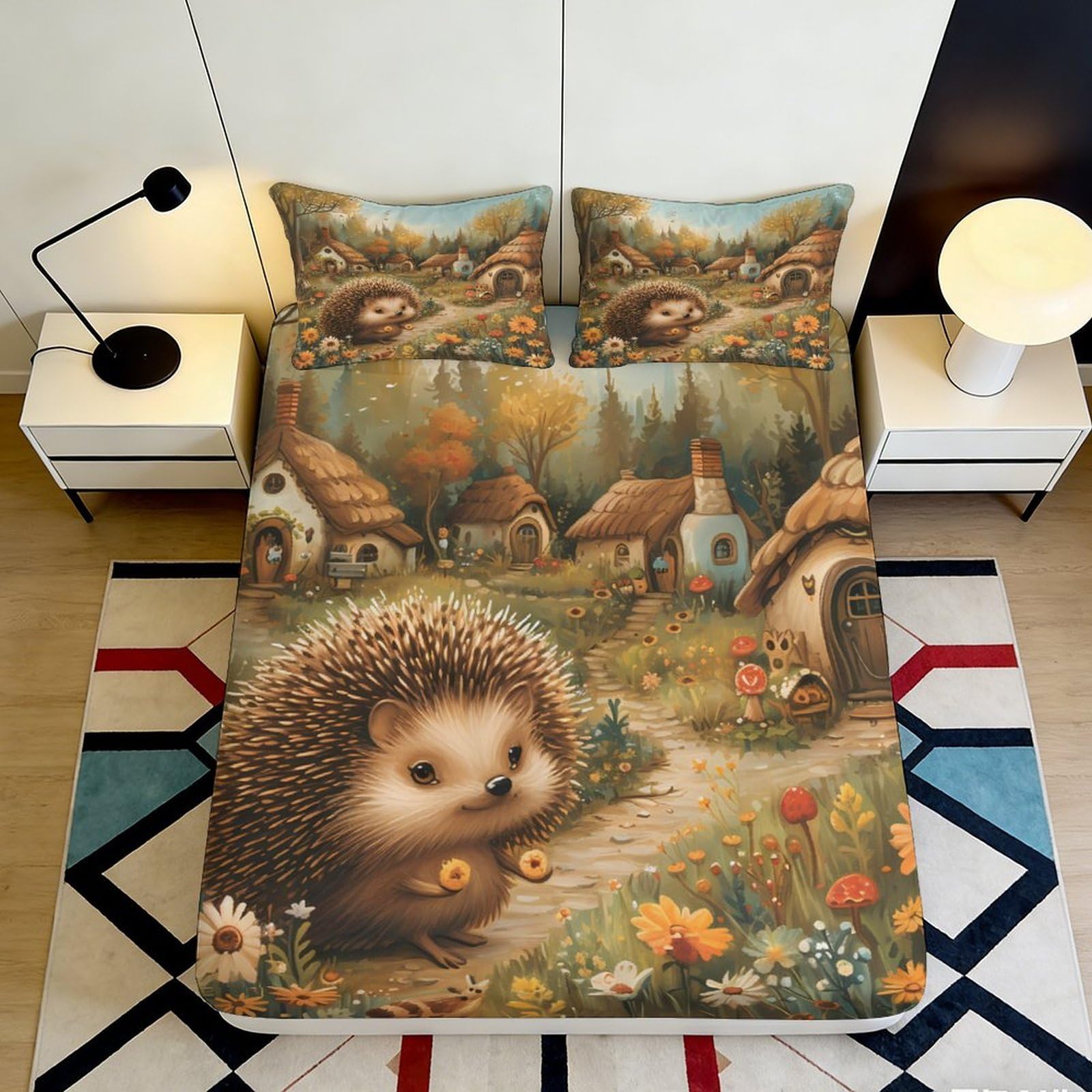 3D Printed Hedgehog Village Fitted Sheet Microfiber Soft Mattress Cover for Bedroom Dorm Decor Protection 90x200x25cm
