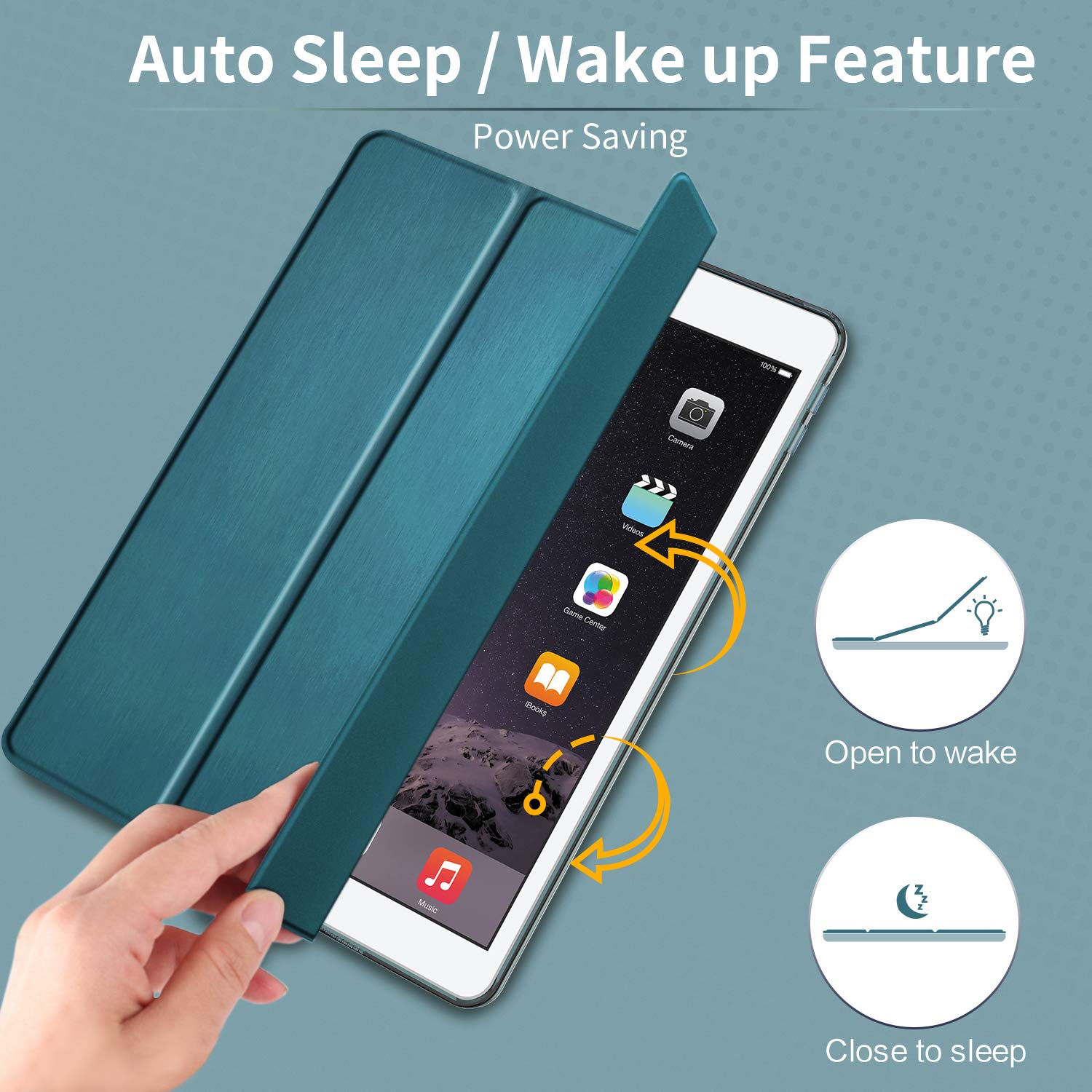EasyAcc Custodia in Pelle PU per iPad Air 2 A1566 A1567, Cover Ultra Sottile con Auto Svegliati/Sonno Blu Pavone