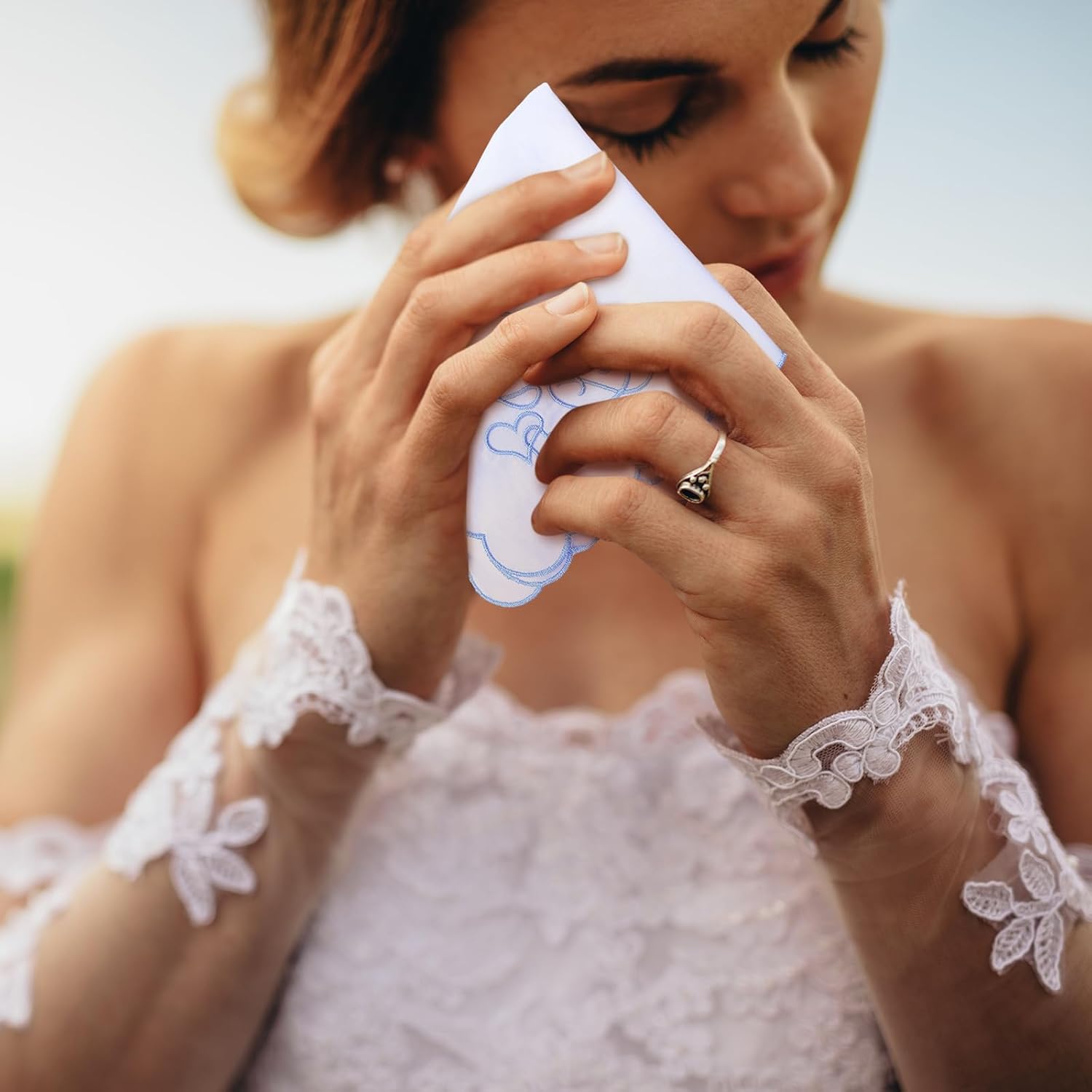 Embroidered Wedding Handkerchiefs Happy Tears Handkerchiefs with Scallop Lace Edges for Wedding Day Bride - Image 5