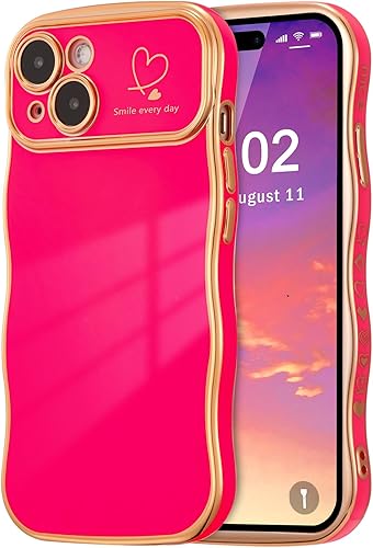 Miniatura 41 de ZTOFERA Funda para iPhone 14 de 6.1 pulgadas, Linda Funda con Marco de Ondas Rizadas con Patrón de Corazones, Borde Chapado de Lujo, Funda de