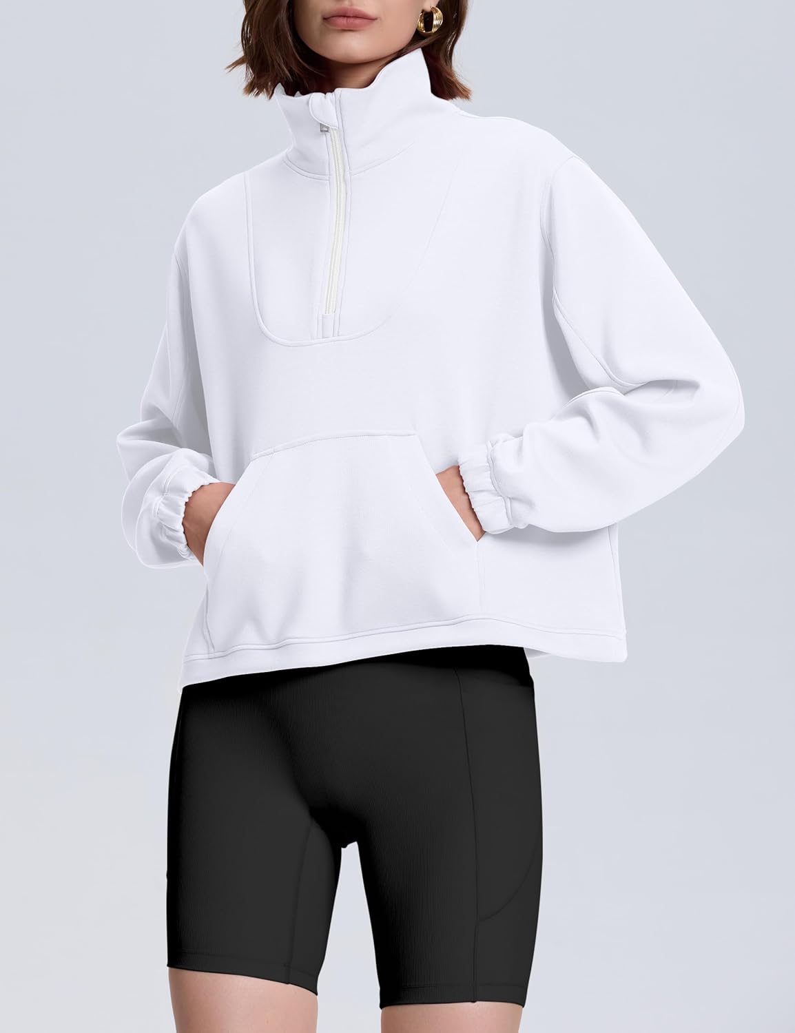 kayamiya Women's Soft Ribbed Half Zip Cropped Sweatshirt Stand Collar Drawstring Lightweight Pullover with Pockets - Image 2