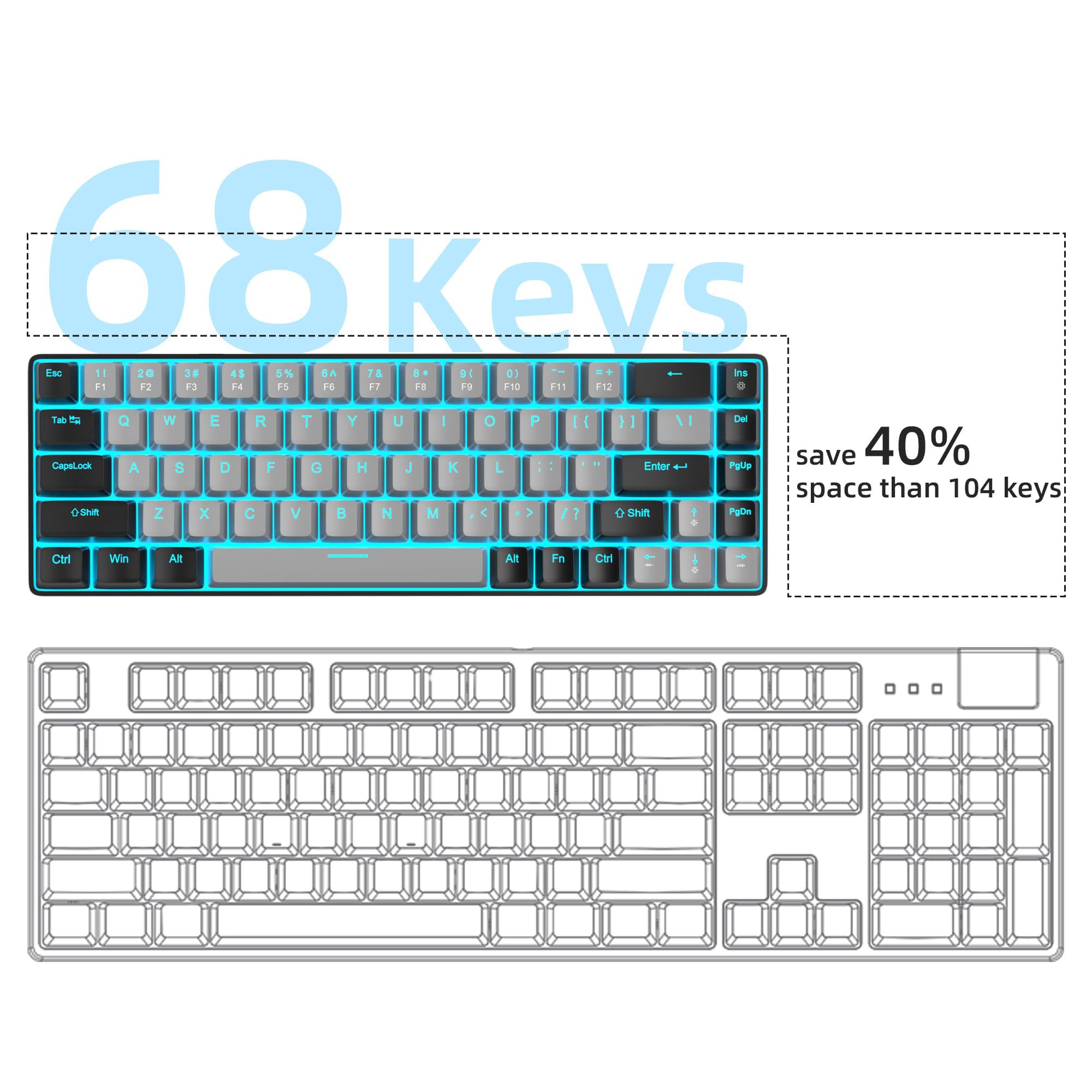 MageGee Teclado mecánico portátil 60%, MK-Box retroiluminado azul hielo, 68 teclas para juegos y oficina con cable, interruptor azul para Windows, laptop, PC, Mac