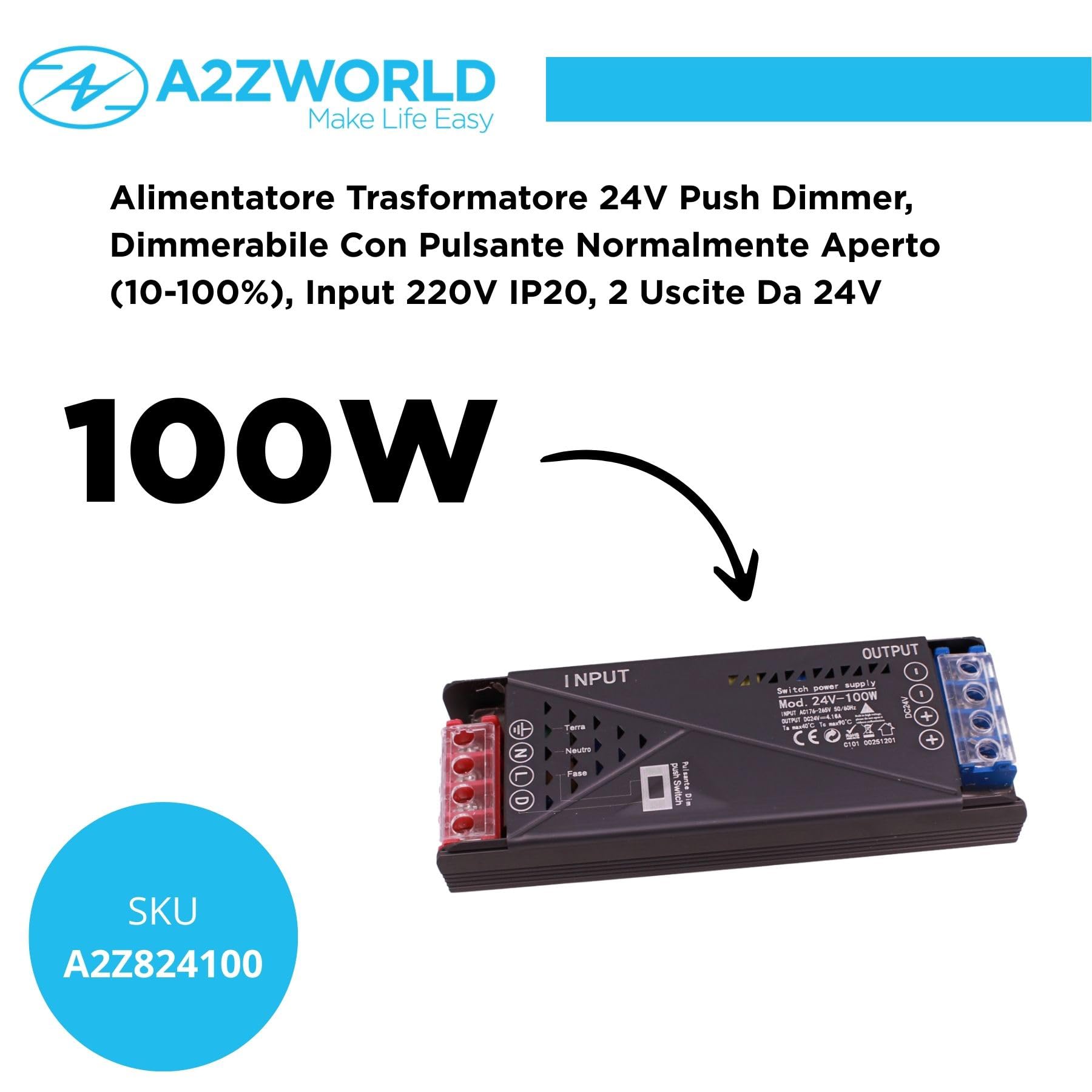 Alimentatore Trasformatore 24V 100W, Dimmerabile con Pulsante NO (10-100%), Memoria e Spegnimento Soft, 2 Uscita Per Striscia Led, Push Dimmer Integrato, Funzione Deviatore e Invertitore, 143×50×25mm - 3