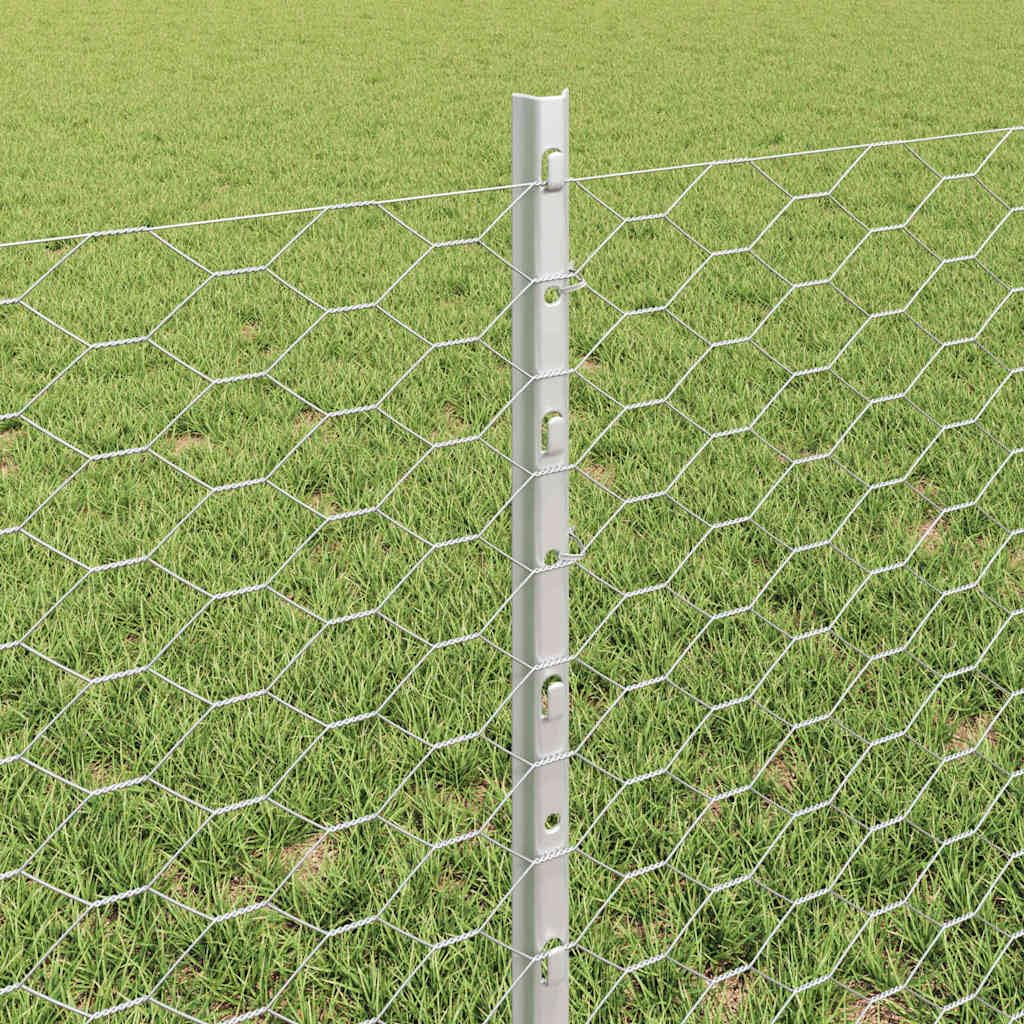 Recinzione esagonale da 25 m x 0,6 m, in filo di acciaio zincato a caldo, resistente alle intemperie, con 11 pali, rete argentata per delimitare la proprietà