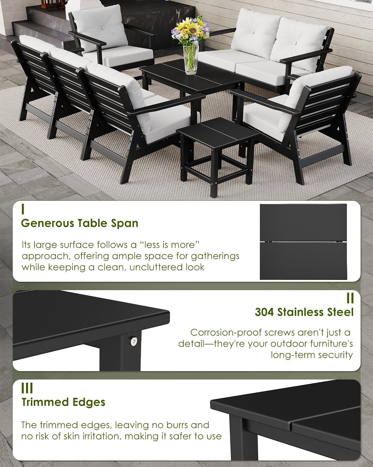 GREENVINES Adirondack-Outdoor-Side-Table | 18 x 18 Inches | HDPE Plastic | All Weather | Outside Couch Tables for Conversation Set | Black | for Patio Porch Deck Lawn