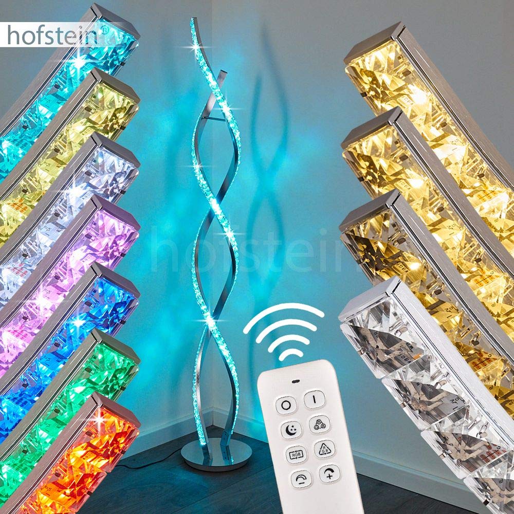 LED Stehleuchte Assuan, moderne Stehlampe aus Aluminium/Kunststoff in Chromfarben/klar, LED 36 Watt, 1400 Lumen, 3000 Kelvin, über Fernbedienung dimmbar, mit Farbwechsler, mit Fußschalter am Kabel