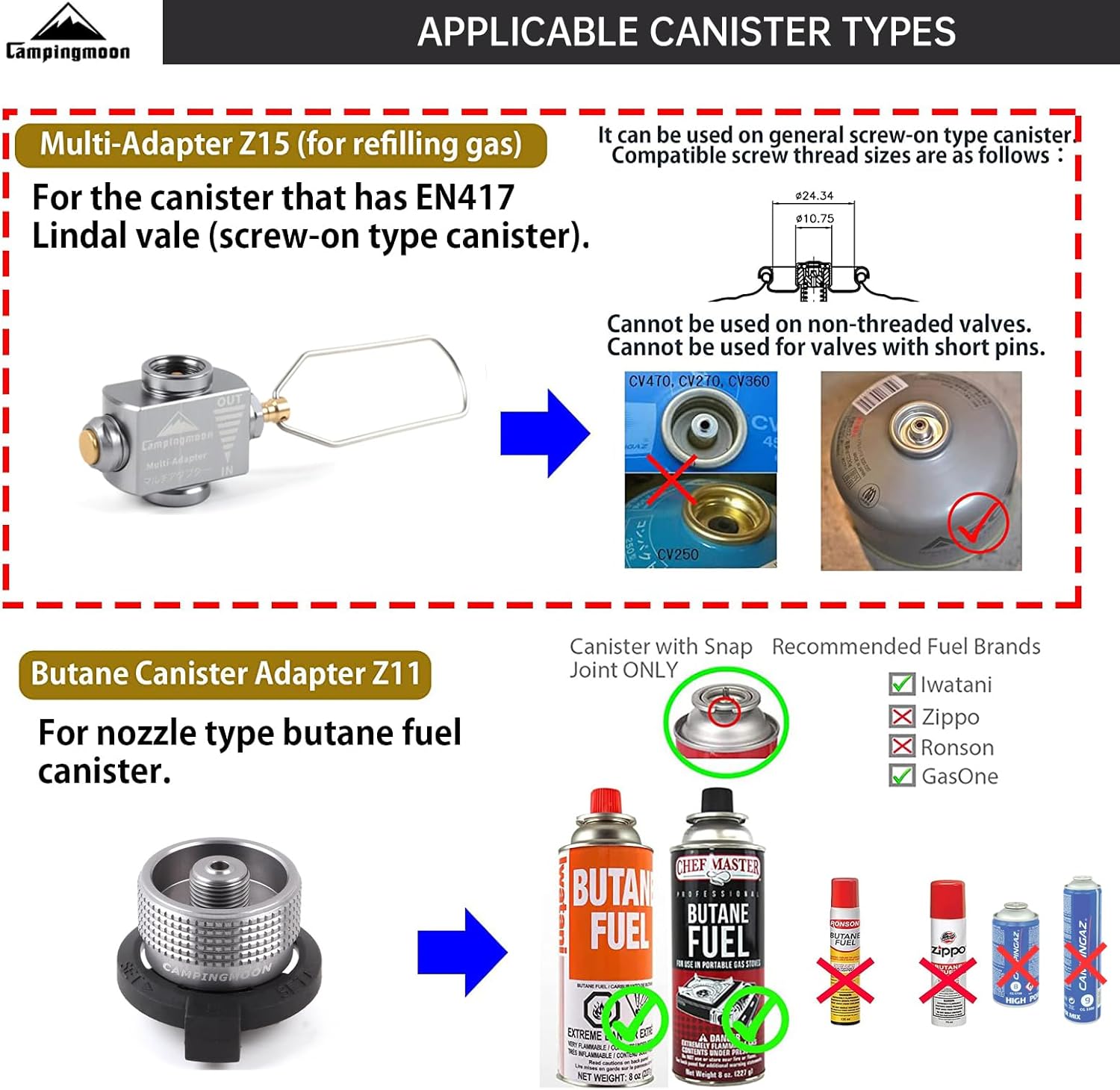 Campingmoon Gas Canister Refill Adapter Isobutane/ButaneGas Cartridge Convertor Camping Stove Adapter Lindal Valve Canister Shifter