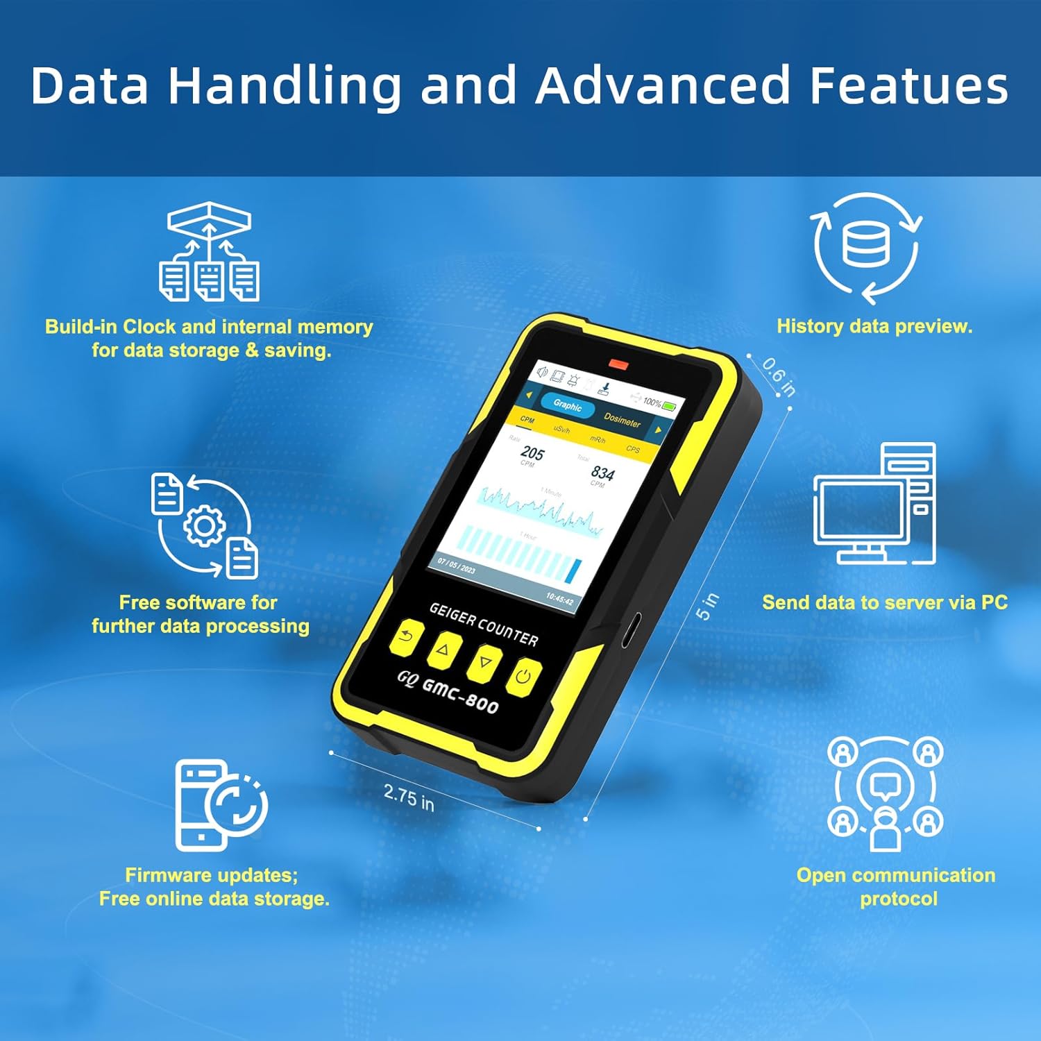 Nuclear Radiation Detector GQ GMC-800 Geiger Counter USA Design Product US National Standard Large Color LCD Display 5 Alarm Types Dosimeter Data Save  Global Share Beta Gamma X-ray Portable Device
