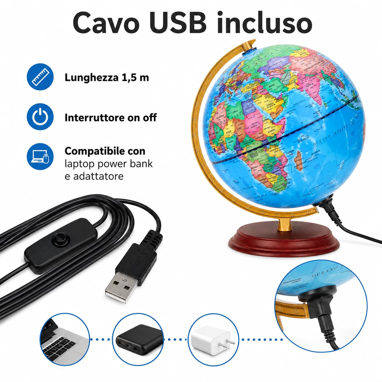 Exerz Mappamondo Illuminato 20 cm con Mappa Italiana e Costellazioni | Base in legno effetto palissandro arco metallico dorato luce LED USB per camera studio scuola regalo
