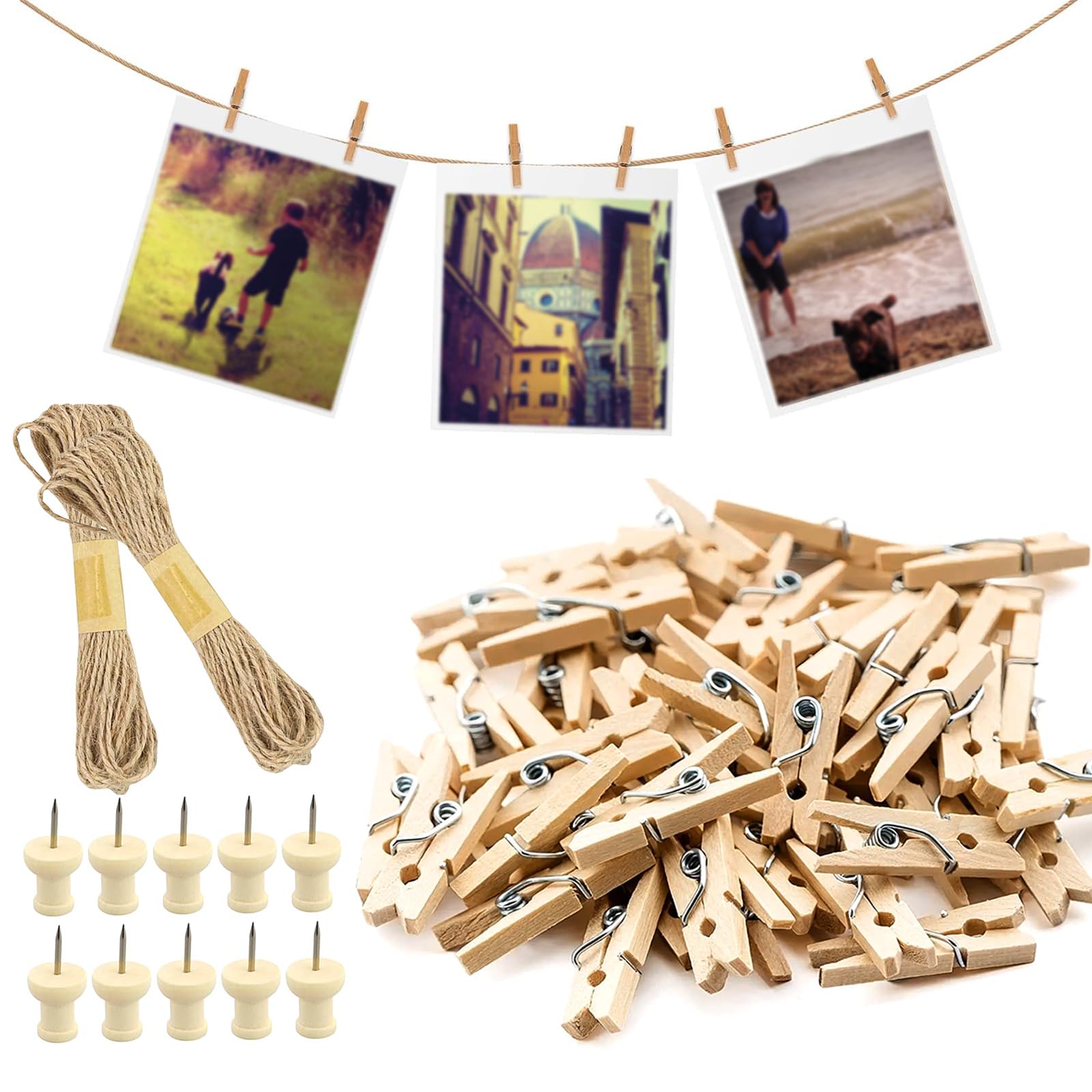 GZCXQ 150 Pcs Photo Clips Pegs, Wooden Pegs with Stainless Steel Springs, Natural, for Photo Wall Display Craft, Weddings