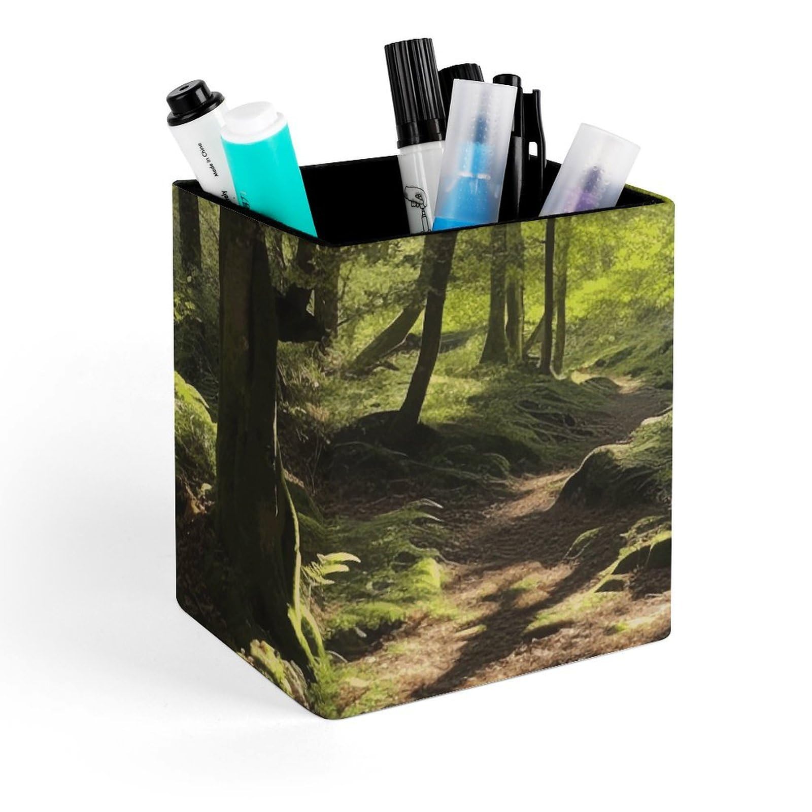 FekiLoot Sunshine in The Woods Pencil Holder Square Leather Pen Holder Cup Modern Multi-Functional Pencil Cup Holder Decorative Desk Organizer Caddy Makeup Brush Holders for Desk Office
