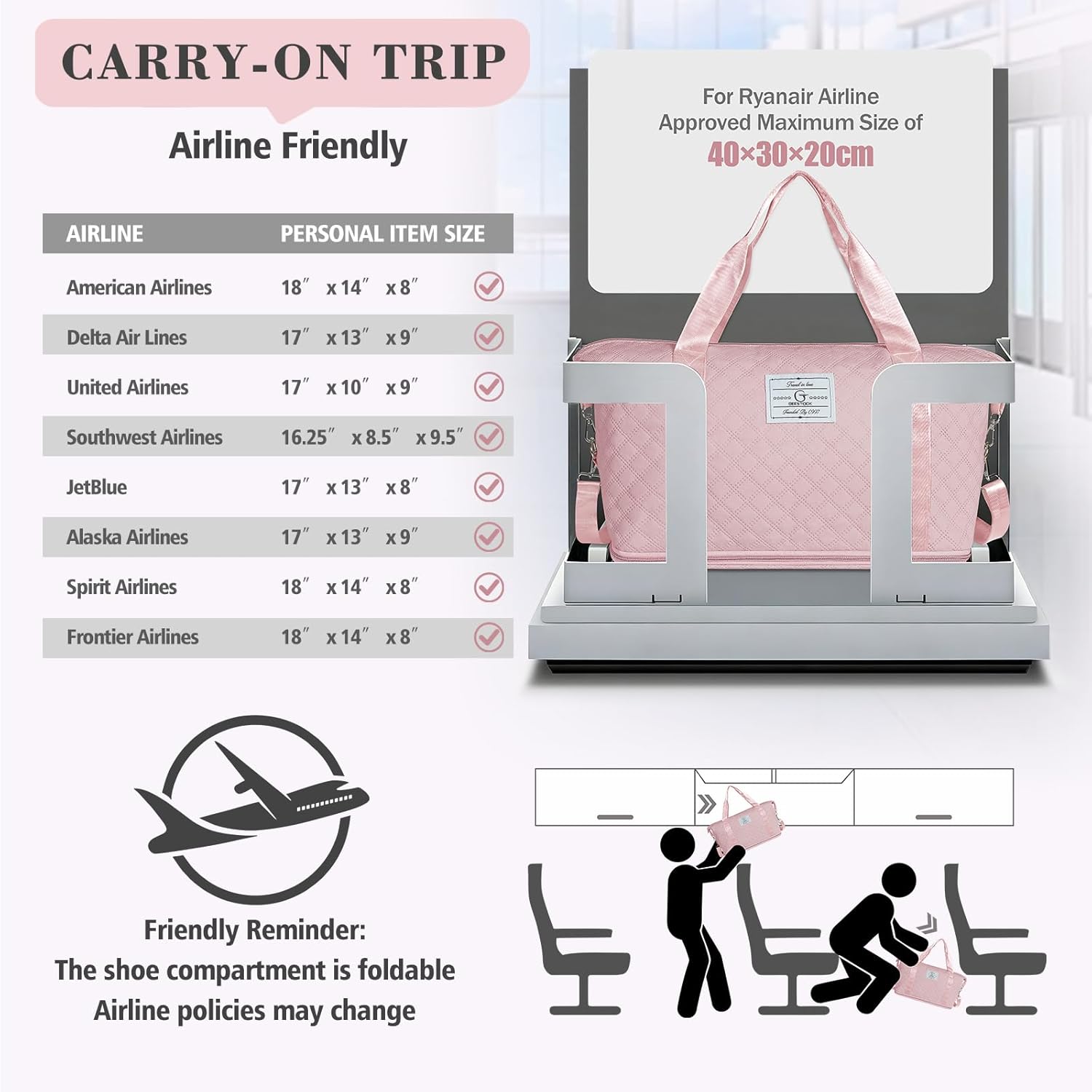 Geestock Weekender Bag with Shoe Compartment for Women, Expandable Overnight Duffle Bag, Carry On Personal Item Bag for Travel, Gym, Hospital, Included Storage Pouch & Adjustable Straps, Pink - Image 5