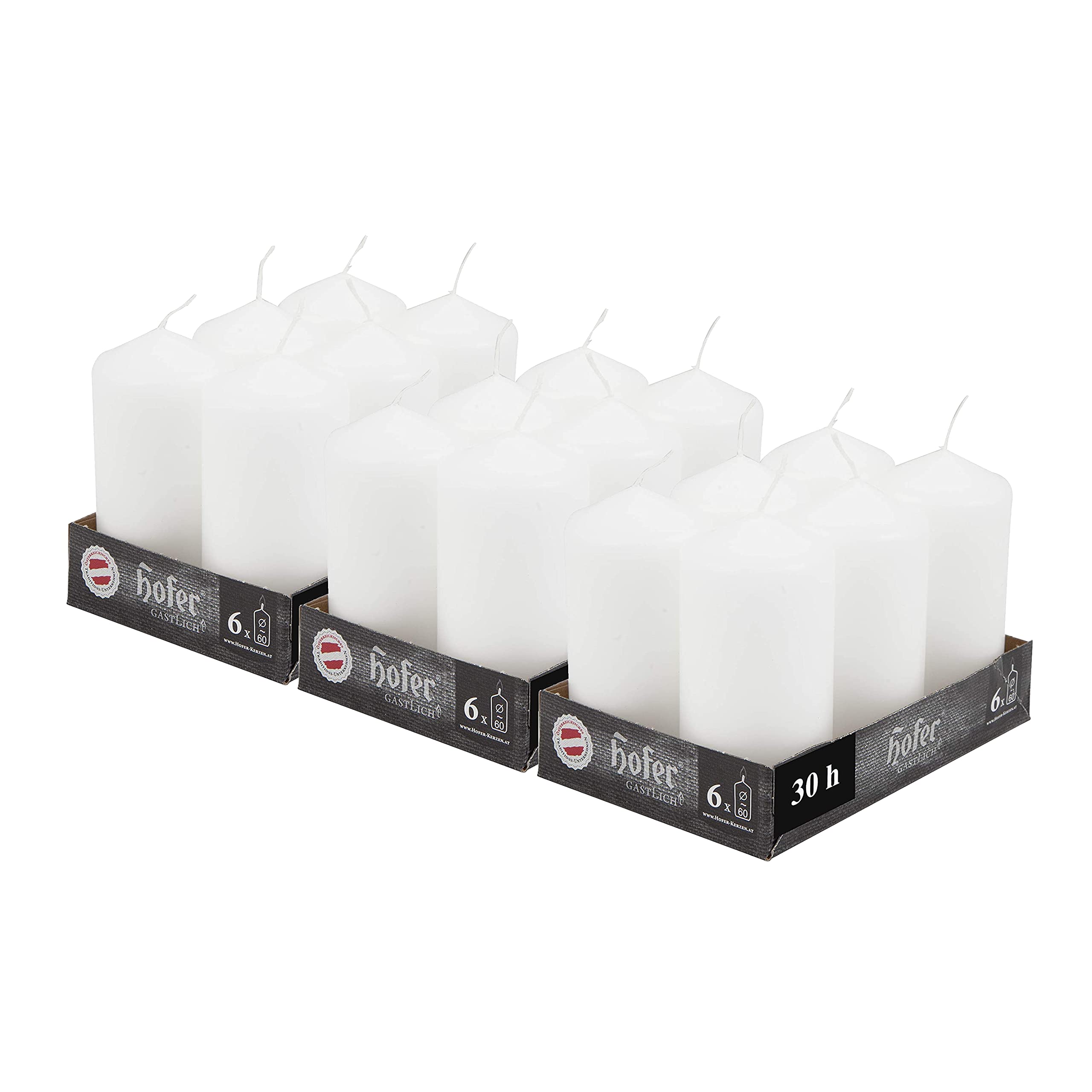 Hofer White Unscented Pillar Candles - 60 X 120 Mm - Set Of 18 Decorative Candles - 39 Hours Long Burning Time - Dripless - Smokeless - Ral Quality - Made In Austria