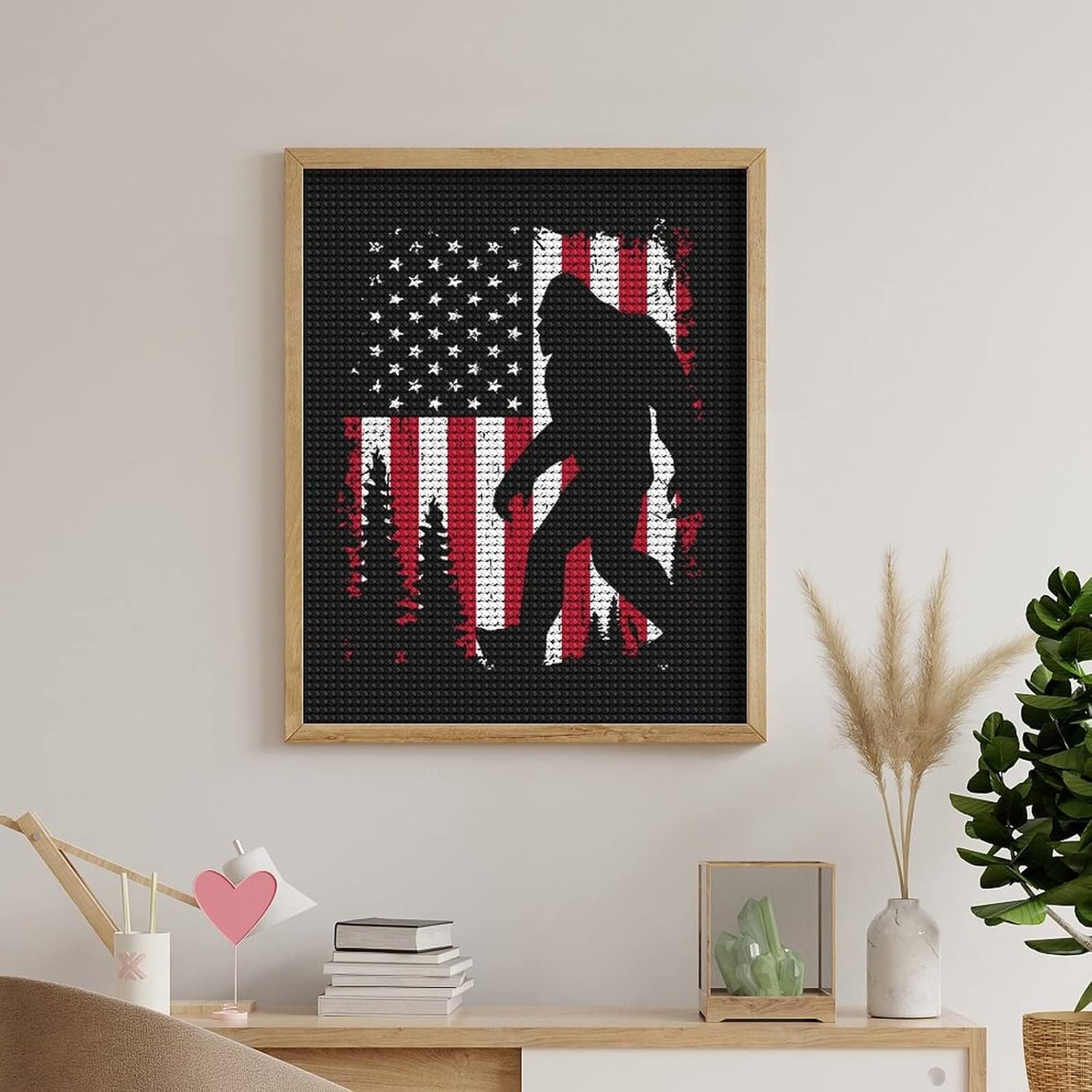 Bigfoot and American Flag Diamond Painting Kits Diamond Art Frames Full Drill Diamond Painting Picture Decor for Wall Window Door 16"x20"