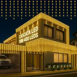 Cordão Led Cascata 20 Metros 400 Leds Branco A Prova D'Água 8 Funcões de Pisca para Festas e Decoração (BRANCO QUENTE - 220V)