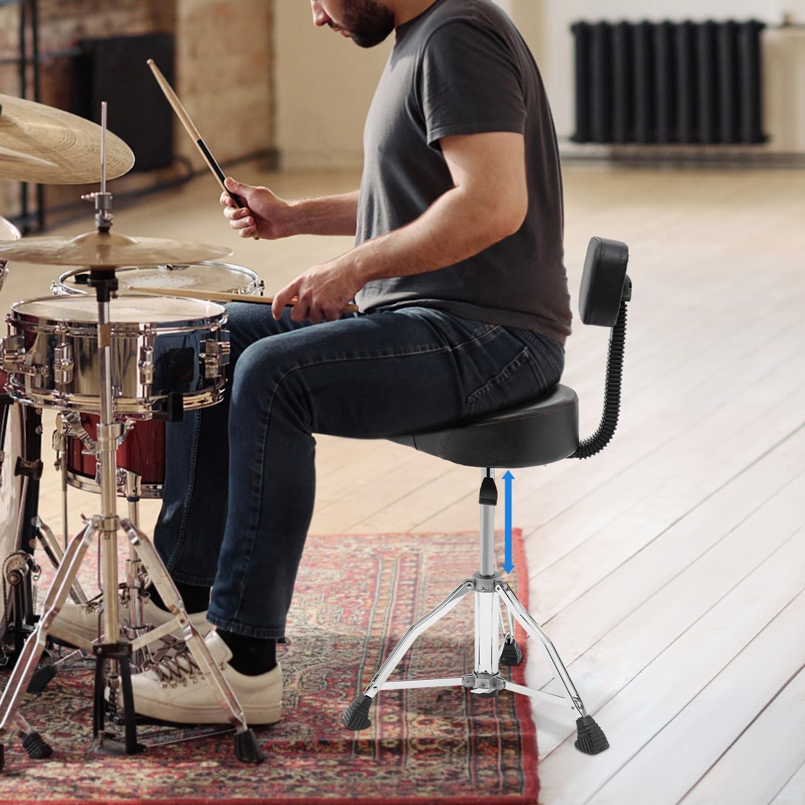 Taburete para batería, altura ajustable, taburete para guitarra, batería E, silla de piano para adultos, asiento ergonómico de espuma viscoelástica, 45, 60 cm de altura, marco de acero