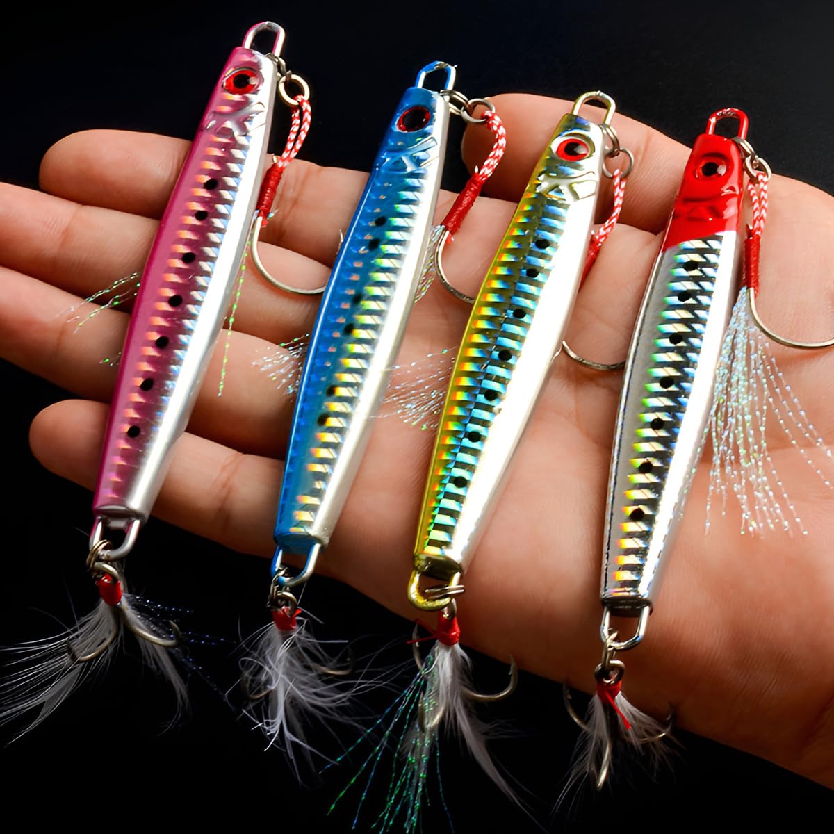 Señuelos de Pesca de Mar de Hundimiento Profundo, WASAGA 4 Piezas 60g/80g/100g/120g/150g/180g Cebo de Pescado Giratorio de Mar de Metal Duro para Atún, Salmón Mero y Señuelo de Jigging