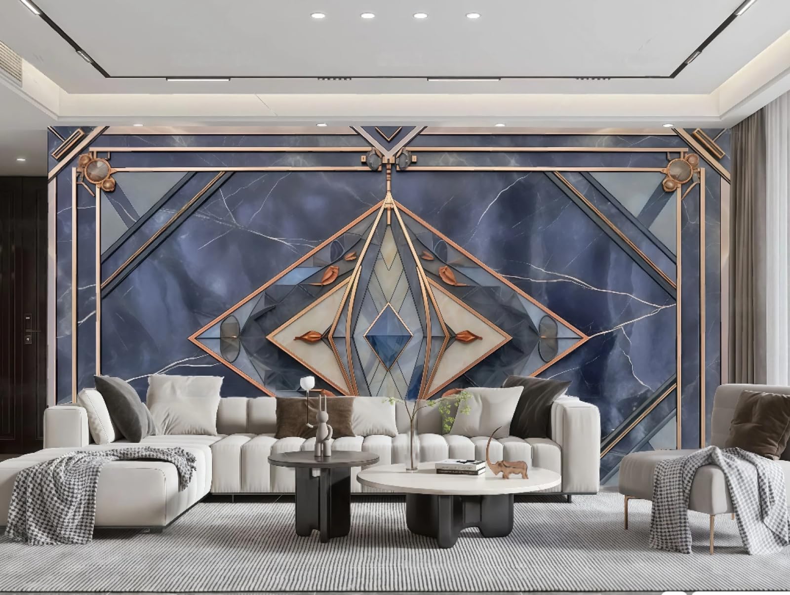 Tapeta sztuka nowoczesna romb murarski kolaż niebieski marmur łupek obraz TV sofa tło ściana salon sypialnia jadalnia mural, 3D, 300 x 210 cm
