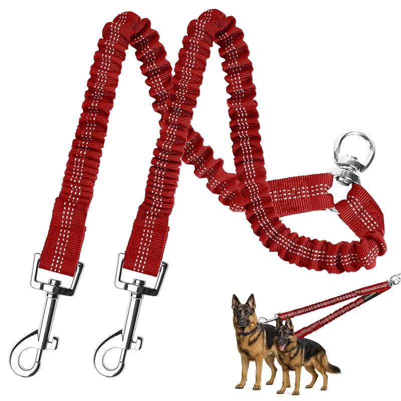Guia dupla para 2 cães MingXpets com giro 360°, bungee elástico e costura refletiva, Grande Vermelha
