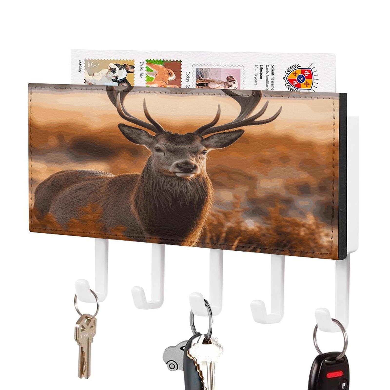 MUSM Antler Red Deer Key Holder for Wall,Mail Organizer Wall Mount with 5 Hooks,Easy Installation Key Rack for Home Decor, Hallway, Entryway, Appartment