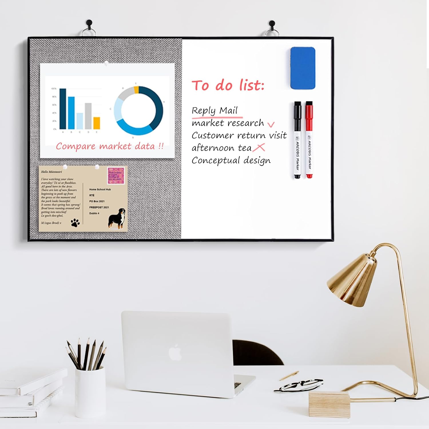 ARCOBIS Cork Board White Board Combo, 36"X24" Linen Bulletin Board Whiteboard for Wall, Magnetic Dry Erase Corkboard for Home, Office, School, Grey