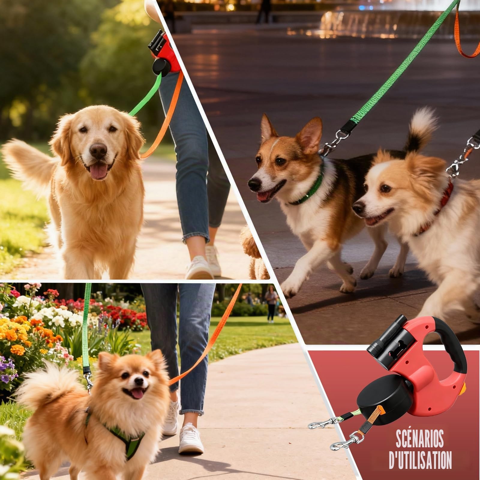 BAIFULAI Laisse rétractable pour 2 chiens, 3 m, double laisse pour 2 chiens, avec lumière, poignée antidérapante, extensible, pour chiens de petite et moyenne taille, rouge