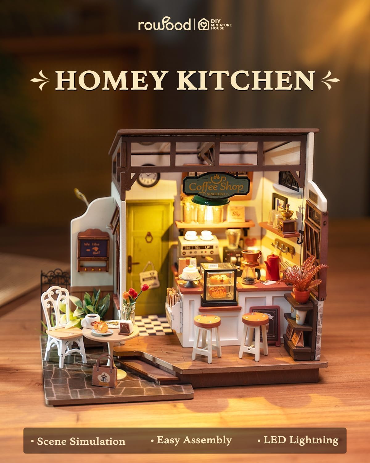 RoWood Miniaturowy zestaw do domku dla lalek do kawiarni, drewniany model DIY dla dorosłych i nastolatków