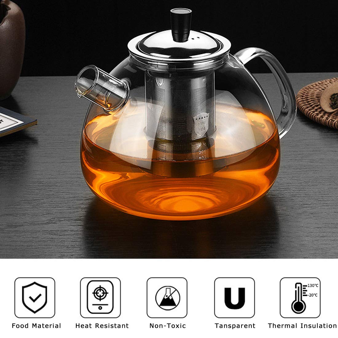 CANDeal 1500ml Teekanne Glas Borosilikatglas Teebereiter mit 18/10 Edelstahl Stövchen Abnehmbare Sieb Rostfrei Hitzebeständig für schwarzen Tee grüner Tee Fruchttee duftender Tee und Teebeutel