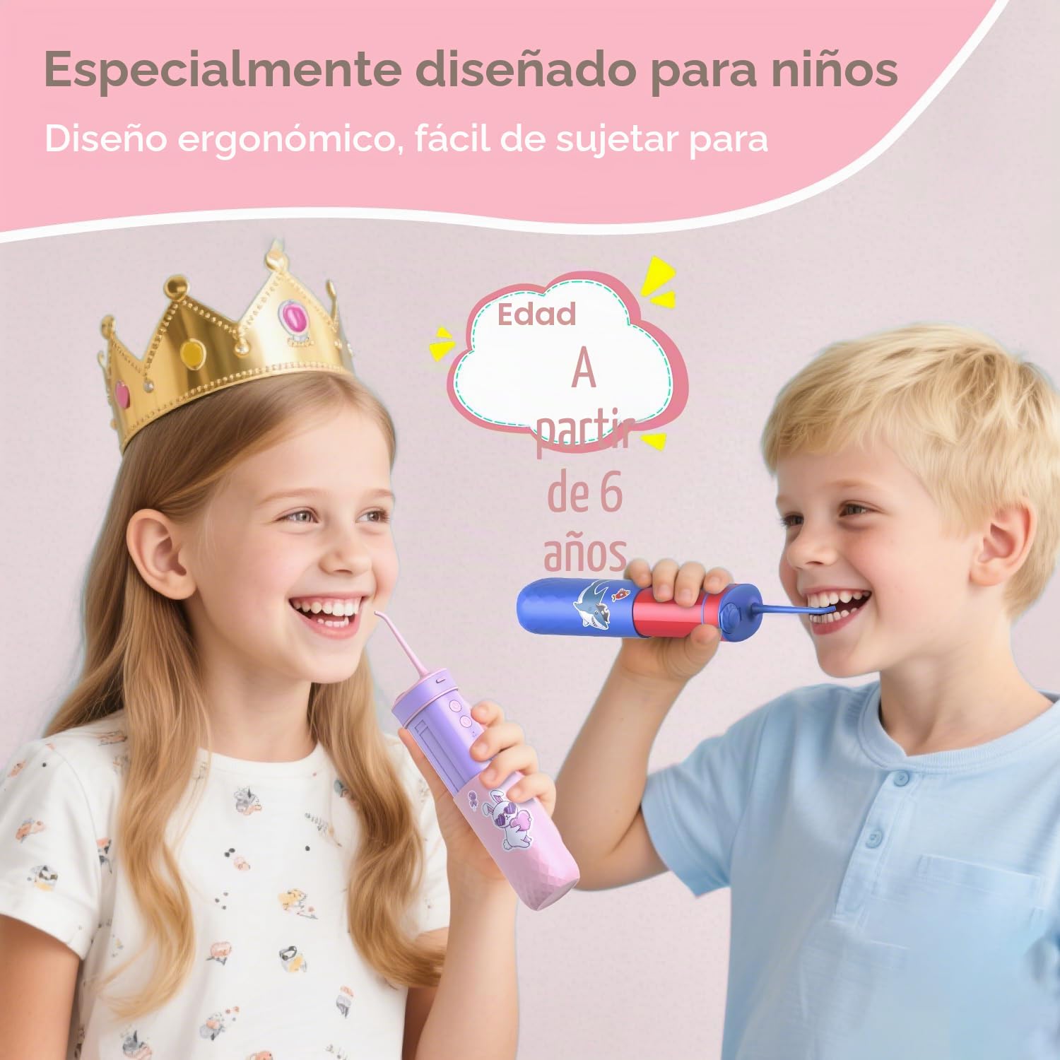 JTF Irrigador dental de agua para niños: irrigador oral portátil recargable con 4 modos de hilo dental de 230 ml, tanque de 4 puntas, bolsa de viaje, calcomanías impermeables, hilo dental eléctrico