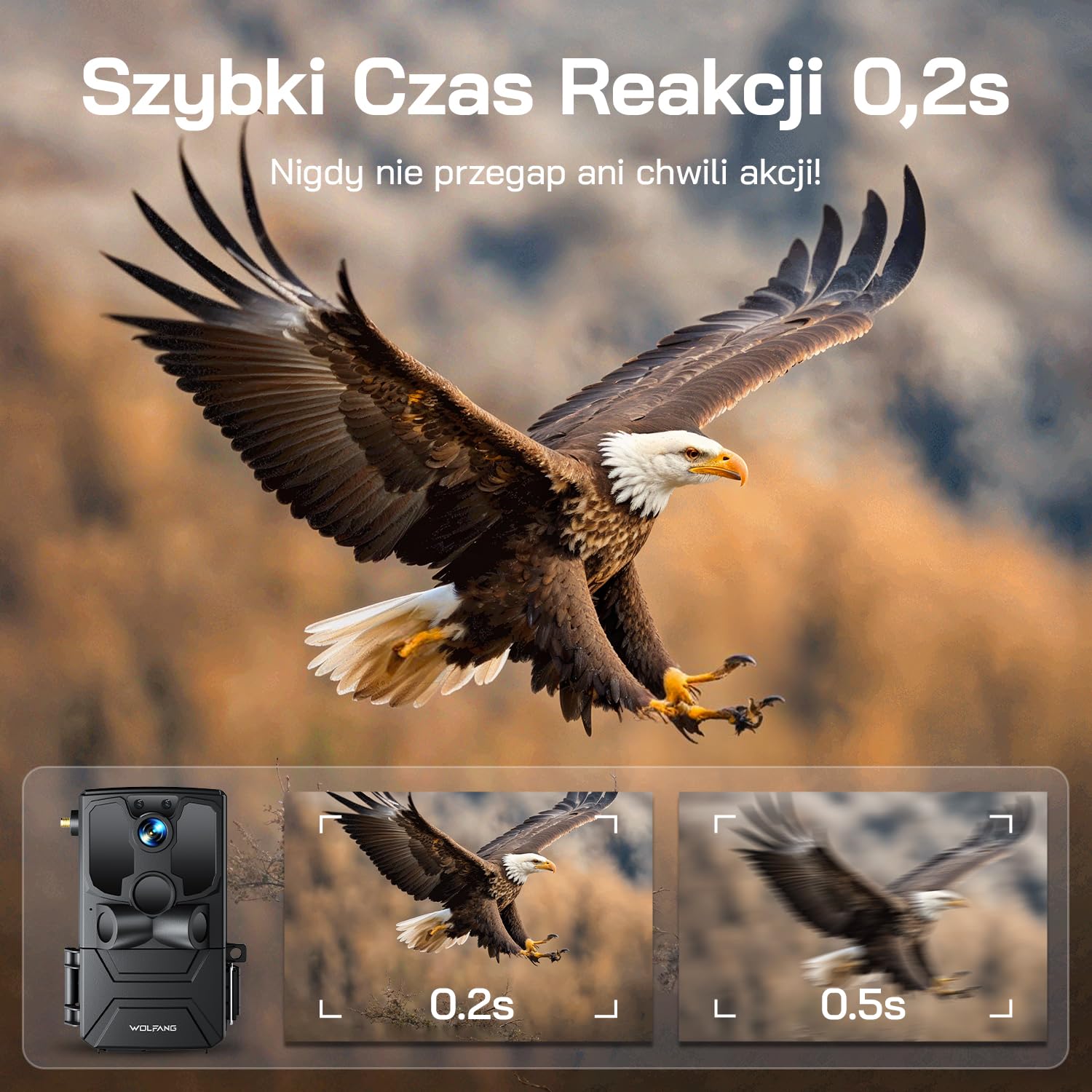 WOLFANG 4G LTE Wildlife Solarcamera 2.5K, Trailcamera met Uitstekend Nachtzicht, 0,2 s Activeringstijd, IP66 Waterdicht, Voor Wildlife Monitoring met Micro SD-kaar i SIM, czarny