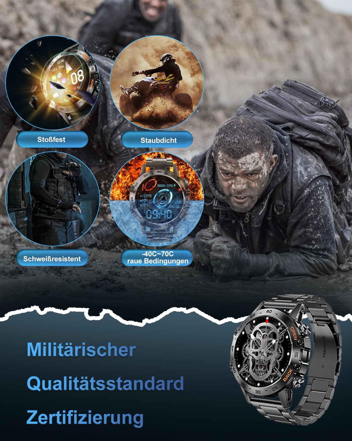 Herren Smartwatch Mit Metallarmband, 1,39 Zoll HD Robuste Militär Smart Watch Mit Herzfrequenz, Blutdruck, Schlafüberwachung Für Android Ios Samsung, 100+ Sportmodi Sportuhr