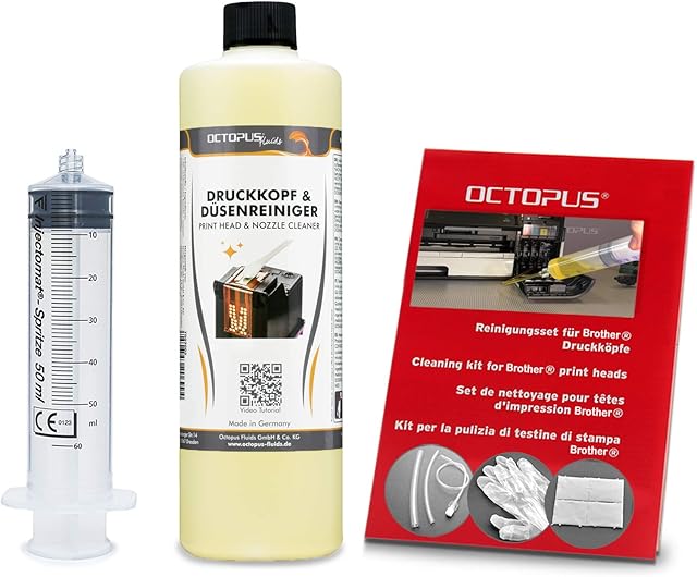 Octopus nozzle cleaner, print head cleaner compatible for Brother print heads with hose adapters (500 ml).