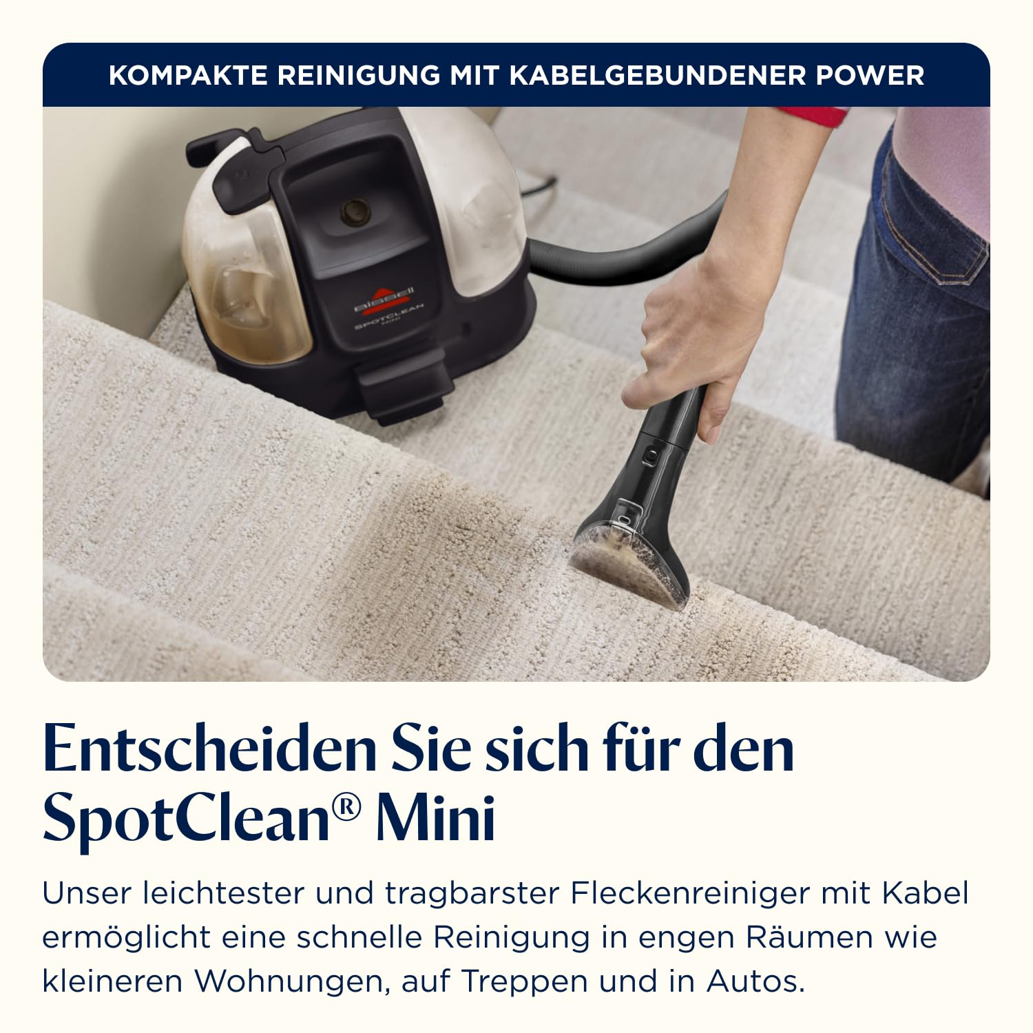 Bissell SpotClean Mini Polsterreiniger Gerät mit Kabel, Tragbarer Teppichreiniger, Optimal für schnelle Reinigungen, Kompakt & Leicht Waschsauger, Mobiler Nasssauger für Auto, Boot, Sofa & Mehr, 41491