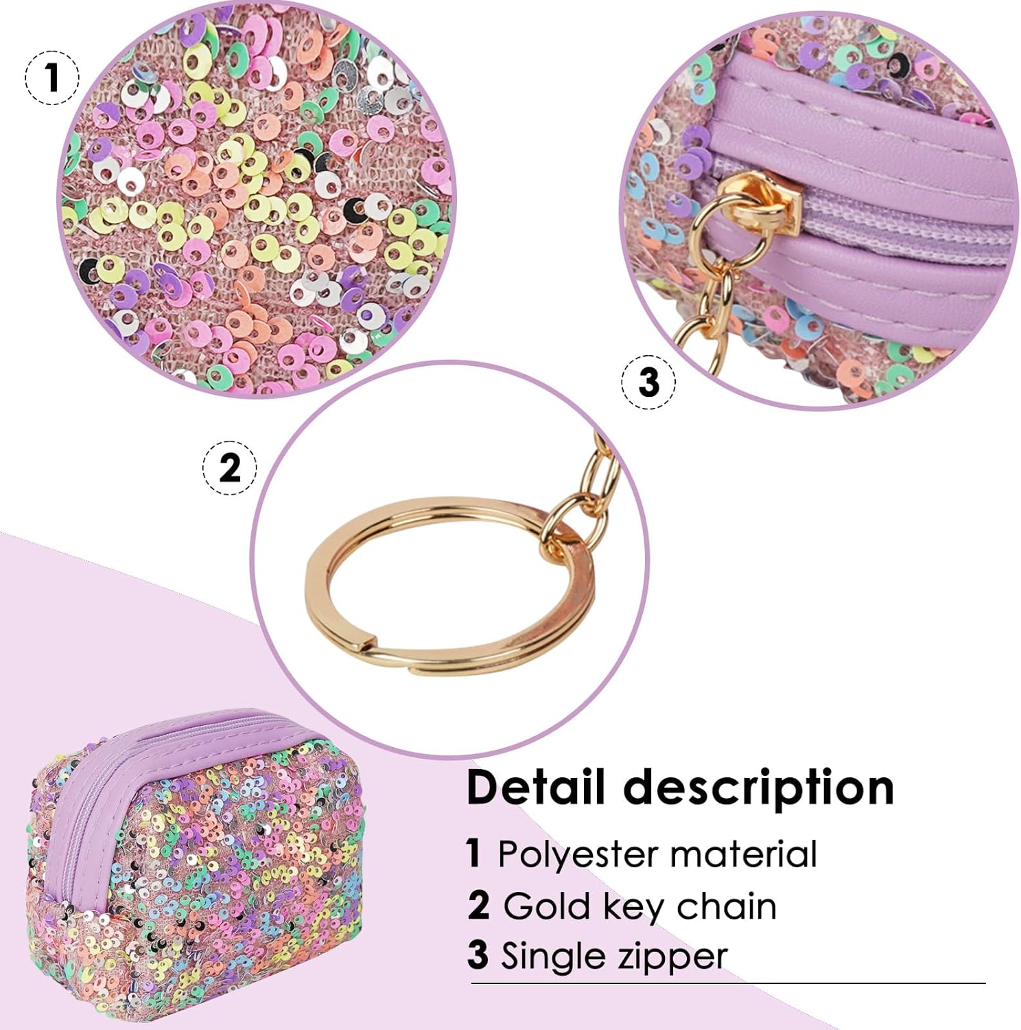 Sequin Coin Purse Keychain, Mini Coin Purse Keychain, Zipper Glitter Change Purse Pouch, for Coins, Headphones, Keys Lipstick(1Pcs) - Image 3