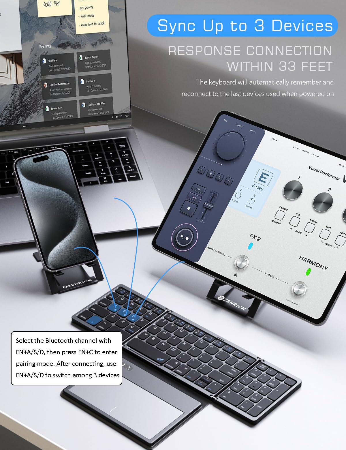 zenrich Tastiera Bluetooth pieghevole con touchpad/tastierino numerico/supporto, tastiera wireless pieghevole portatile da viaggio per Android iOS Windows Tablet Smartphone (sincronizzazione fino a 3