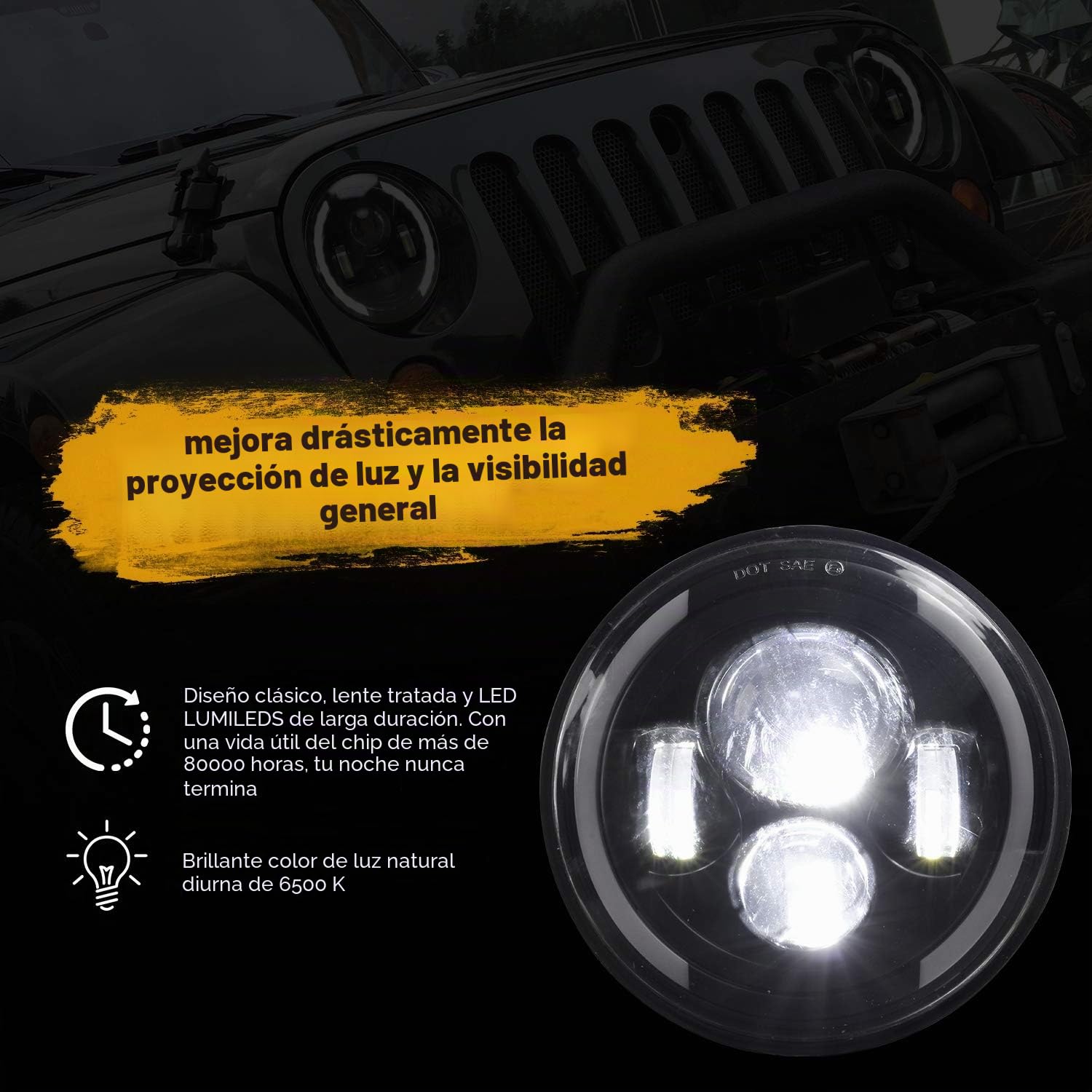 7" Luz de trabajo LED de100W 10000LM 4 lentes Ojos de ángel 3000K+6000K 4 modos de iluminación Luces LED todoterreno redondas negras Cree Luz baja DRL HI LO Haz para Wrangler JK TJ LJ CJ Hummber H1 H2