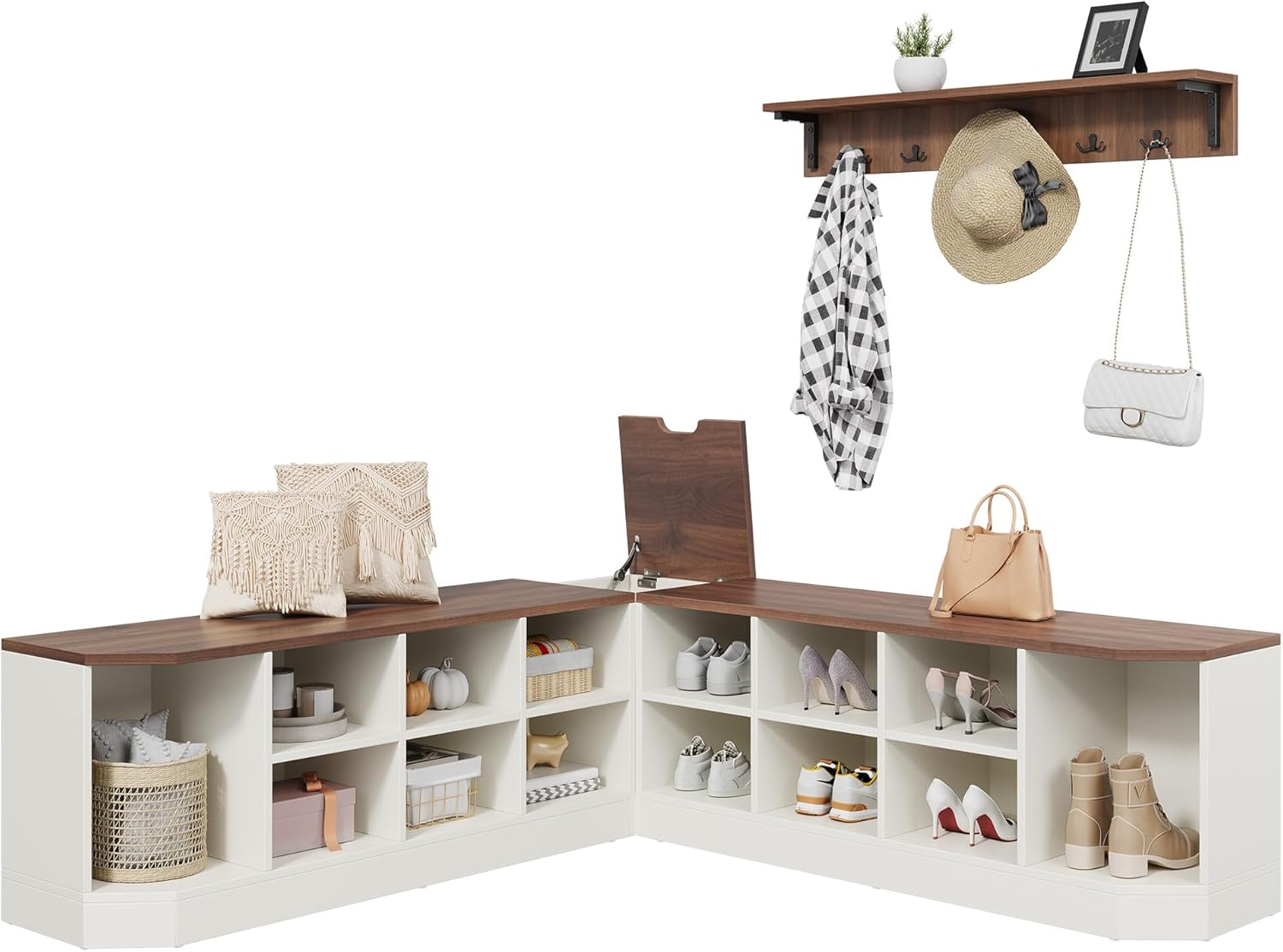 DWVO 61" L-Shaped Shoe Rack with Bench and Hooks, Corner Shoe Cabinet with Hidden Storage, Coat Rack & Seating for Entryway, Hallway, Bedroom, 61" D x 61" W x 18" H, White & Walnut