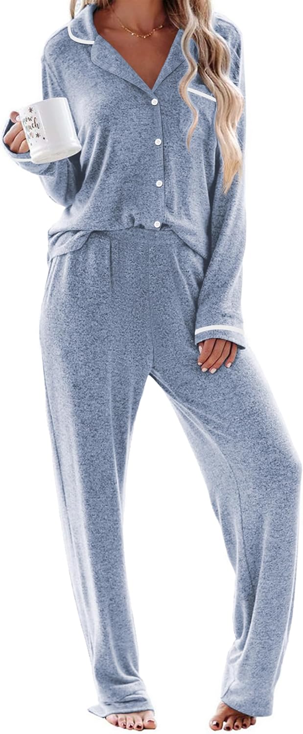 Ekouaer Women's Pajama Sets Long Sleeve Button Down 2 Piece Pjs Soft Lounge Sets Notch Collar Sleepwear