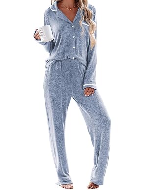 Ekouaer Womens Pajama Sets Long Sleeve Button Down 2 Piece Pjs Soft Lounge Sets Notch Collar Sleepwear