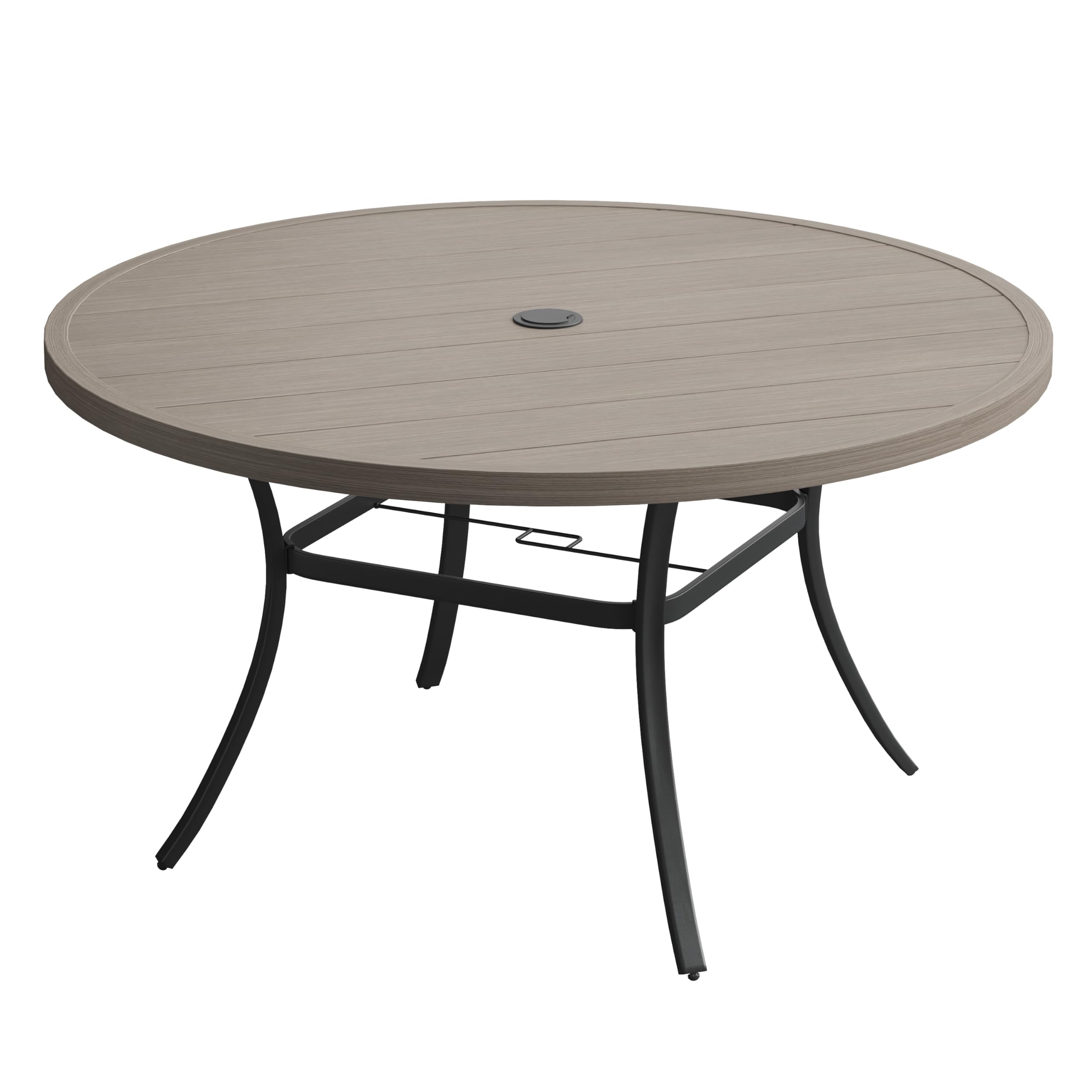 VICLLAX 63" Outdoor Round Patio Table with Umbrella Hole, All Weather Metal Round Outdoor Dining Table for Lawn Garden, 8-10 Person Table, Grey Wood Grain