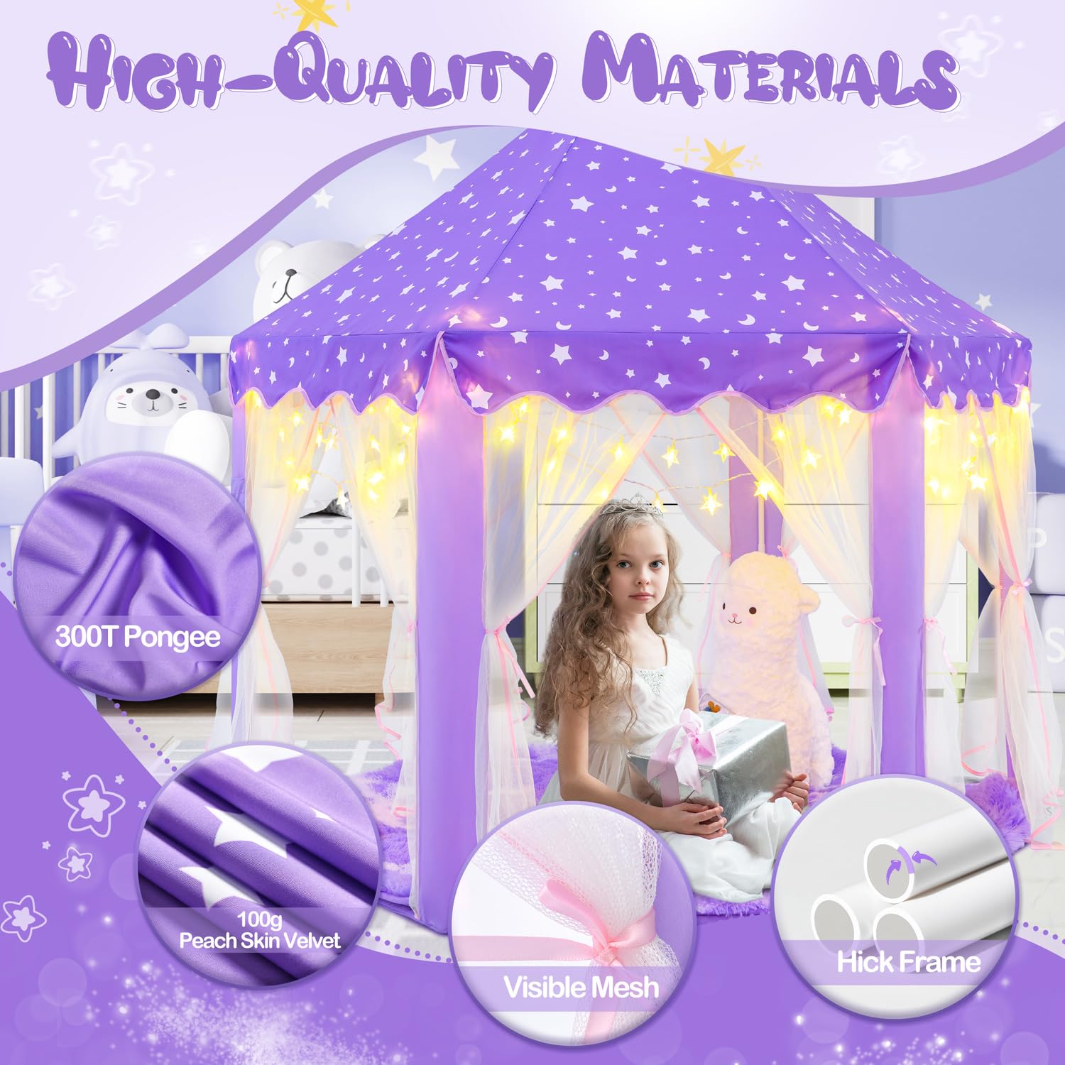 CUBNBUD Princess Tent for Girls Age 4-7, Purple Princess Castle Playhouse with Star Lights, 55x53 inch