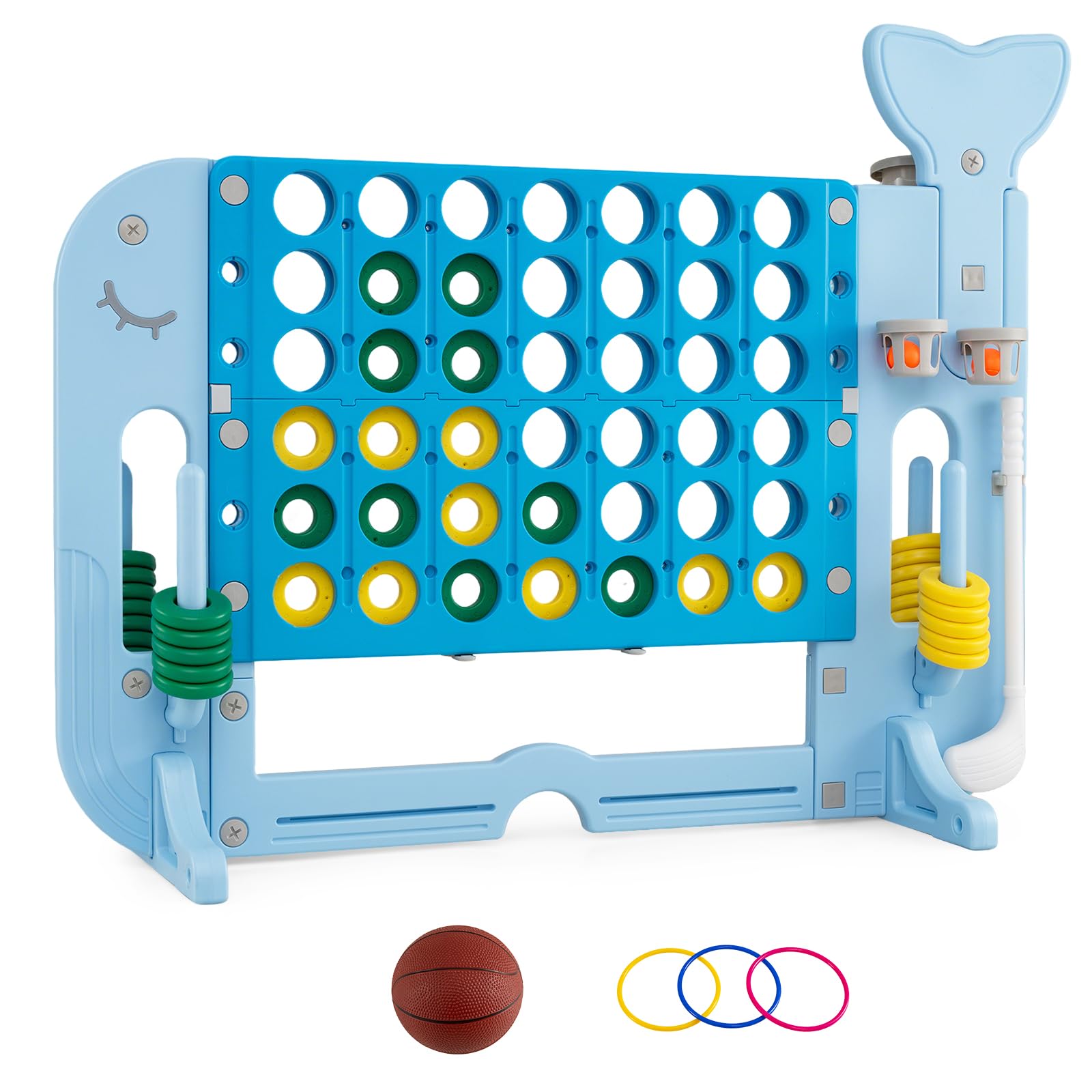 COSTWAY Forza 4 Gigante, Gioco 4 in Linea per Bambini con Altezza Regolabile, 42 Pedine, Palla da Basket, 2 Palline da Golf, Mazza da Golf, 3 Anelli e 2 Portabicchieri (Azzurro)
