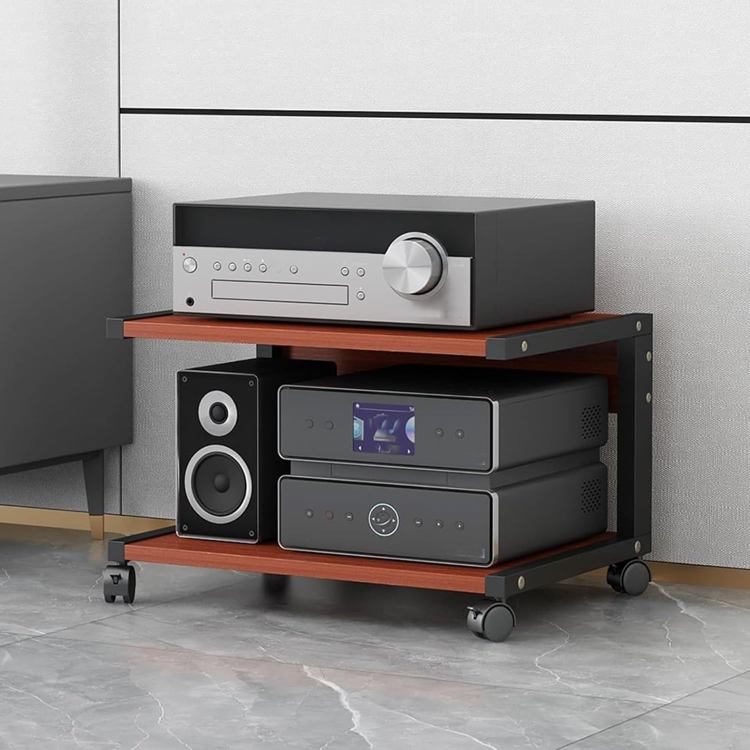 Stojak na sprzęt audio HiFi, 2-poziomowy stojak na sprzęt audio AV, półka na gramofon/konsolę do gier/DVD, drewniana szafka pod telewizor stereo, do salonów, pokojów gier i centrów rozrywki (natu