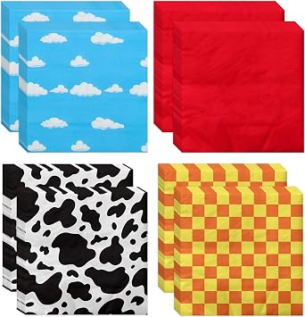 100pcs Story Napkins Disposable Cow Pattern Printed Check Mix Color Paper Luncheon Napkins Set for Kids Birthday Party Baby Shower Party Supplies, 13 x 13
