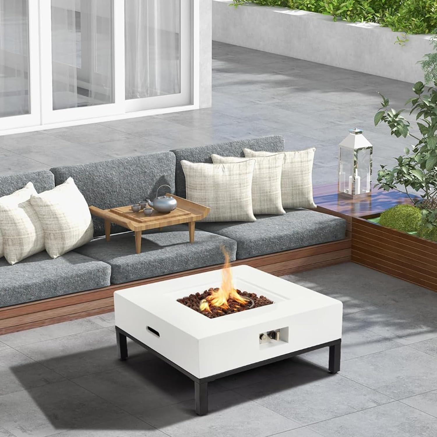 ECOTOUGE 32" Square Propane Fire Pit Table with Stand, 50,000 BTU Outdoor Gas Fireplace for Patio, Low Profile Fire Table with Rain Cover, Lava Rocks, Auto-Ignition, White