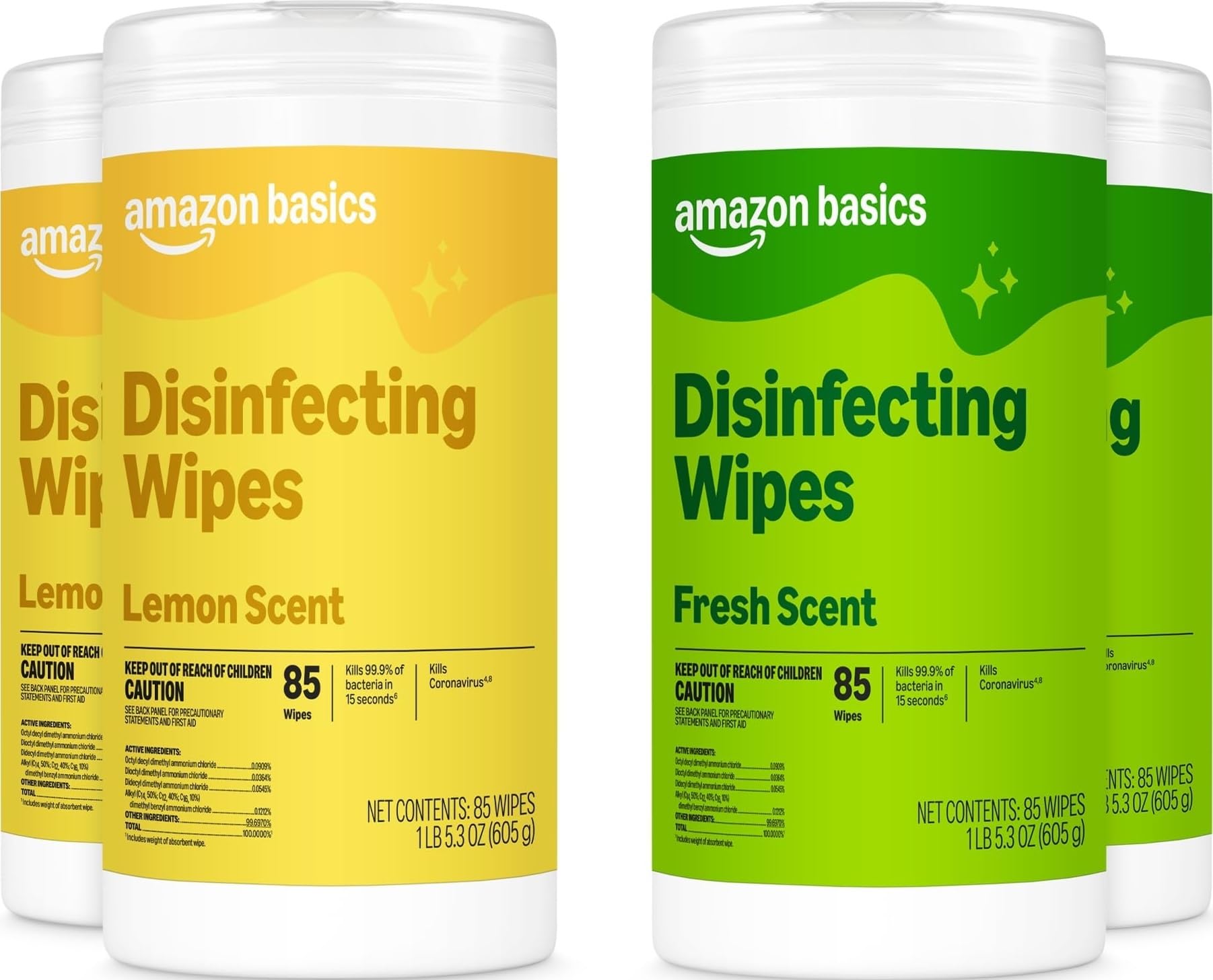 Amazon Basics Disinfecting Wipes, Lemon & Fresh Scent, Sanitizes, Cleans, Disinfects, Deodorizes, 340 Count (4 Packs of 85), Packaging May Vary