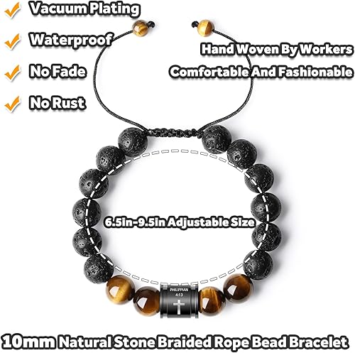 Vista 5 de ASUWISH Pulseras de cruz con versículo bíblico para hombre, hechas a mano de 0.394 in, ónix negro natural, piedra de roca de lava, ojos de tigre
