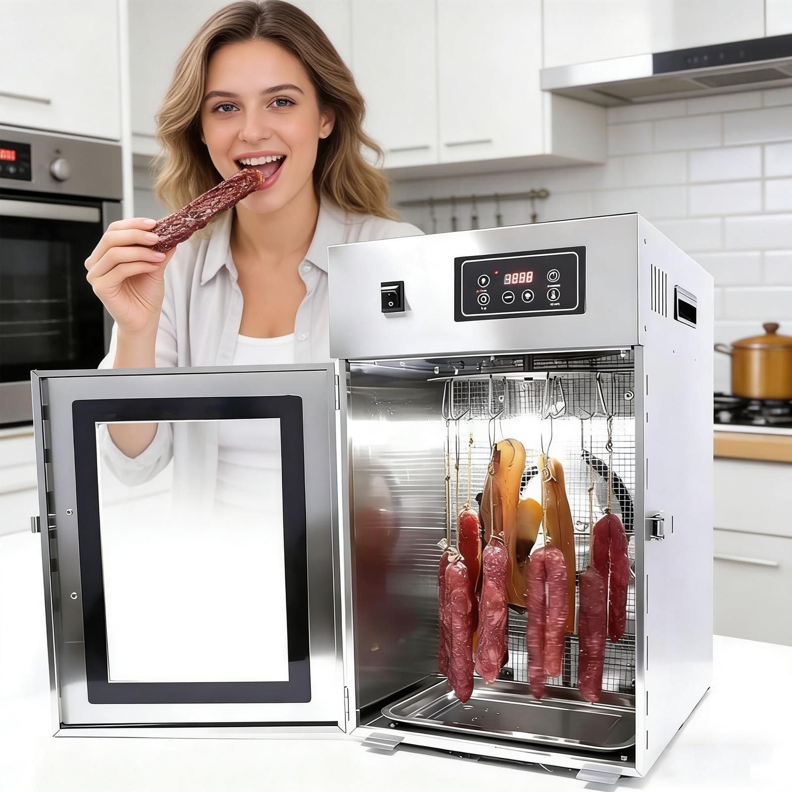 Essiccatore Alimentare In Acciaio Inossidabile 800w (Capacità Elevata 7,5Kg/14Ganci) | Essiccatore Per Biltong-Display Digitale | Per Un'Essiccazione Uniforme Carne Secca,Carne E Salsicce