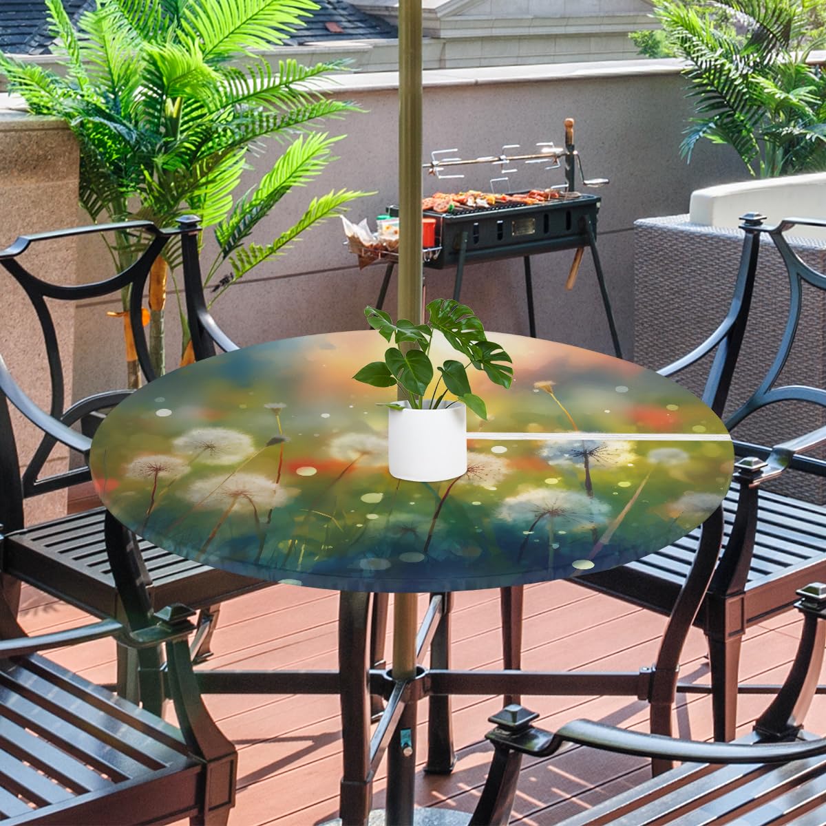 FZDXZJJ Dandelion Round Outdoor Tablecloth with Umbrella Hole and Zipper,Watercolor Dandelion Fitted Tablecloth Elastic Edge Patio Table Cover for Spring Summer Picnic Party 36