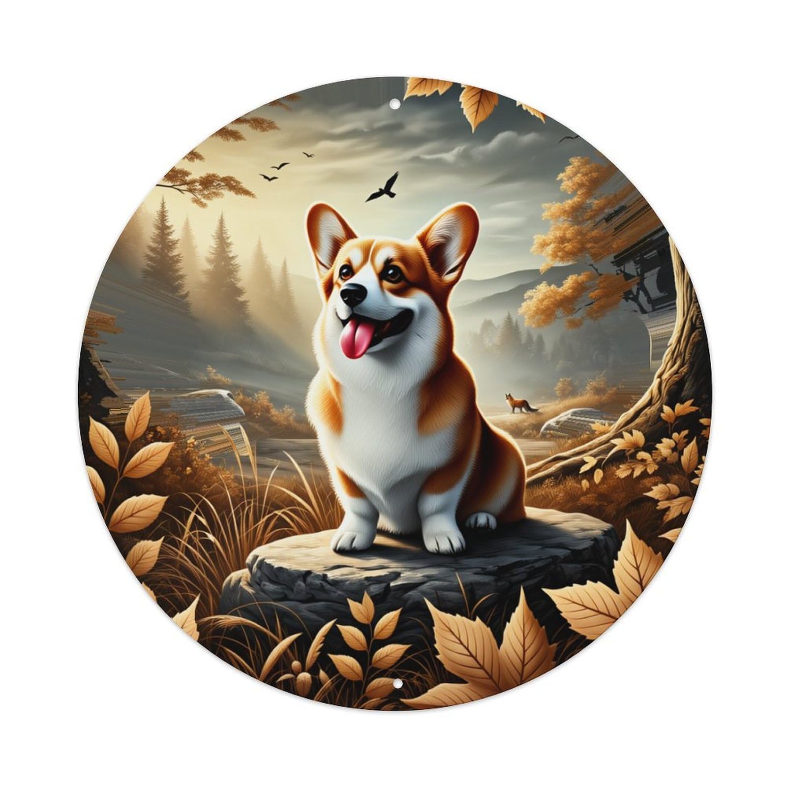 Autumn Forest Corgi Scene Round Tin Sign Retro Metal Sign for Cafe Bar Pub Home Game Room Gym Club Wall Decoration Vintage Metal Poster 8x8 Inch